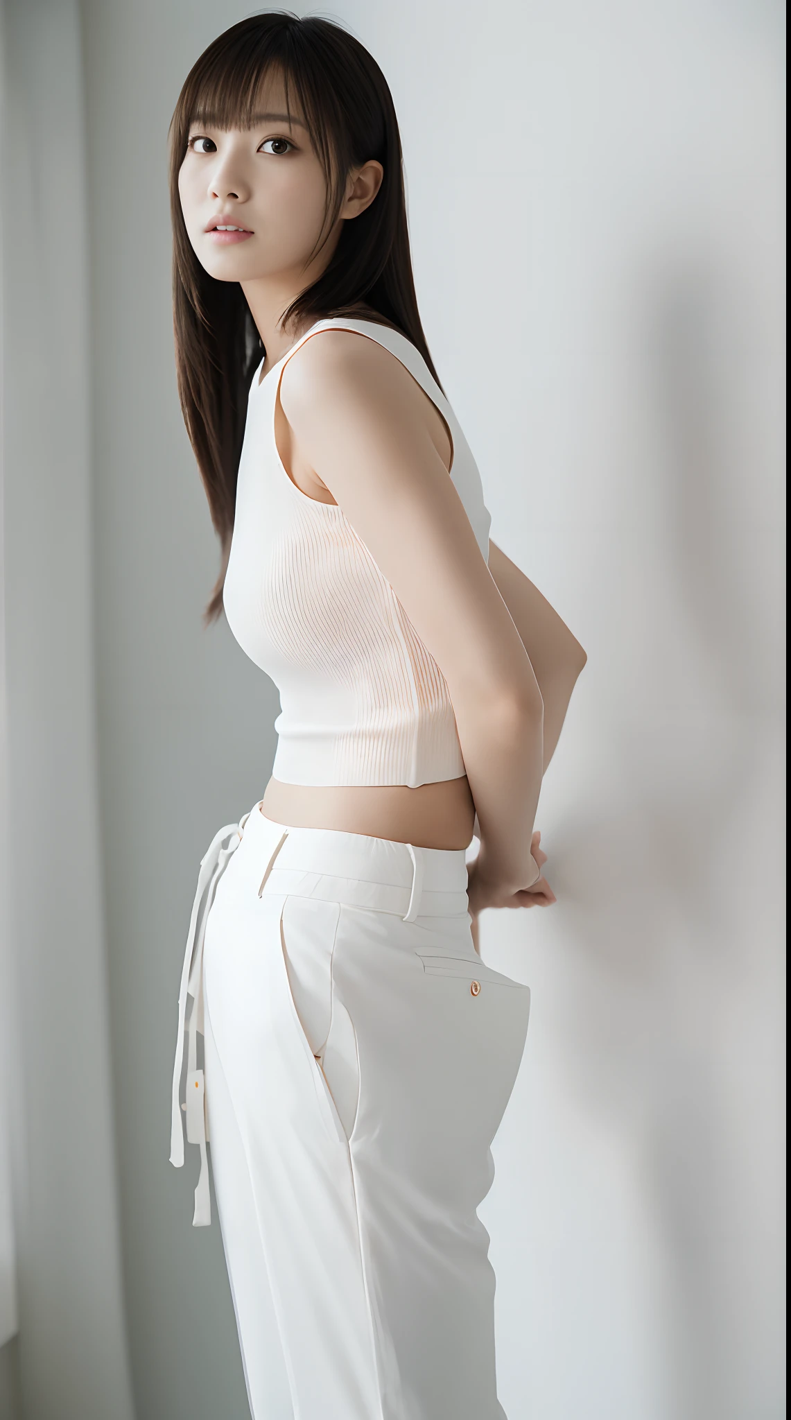 ((​masterpiece,top-quality)), (photographrealistic:1.4),((masutepiece,8K)),hight resolution, Japanese, 1 beautiful woman, Medium Hair, Faint thin bunches of bangs, Age 32 years old, Detailed skin,swet, wide-leg pants,cowboy  shot, White background, White Room,white walls, fully body photo
