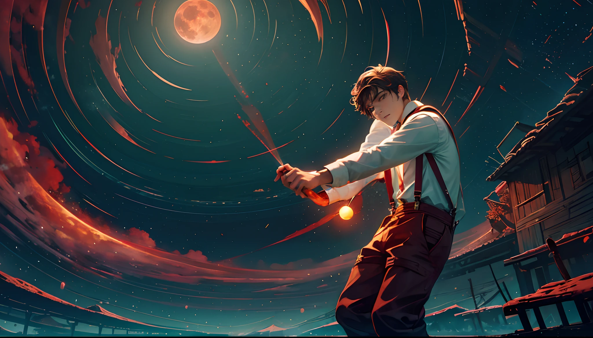 Blood Moon,Long red meteors streak across the sky,The green Northern Lights float overhead,middle parted hairstyle,Suspenders,Boy student