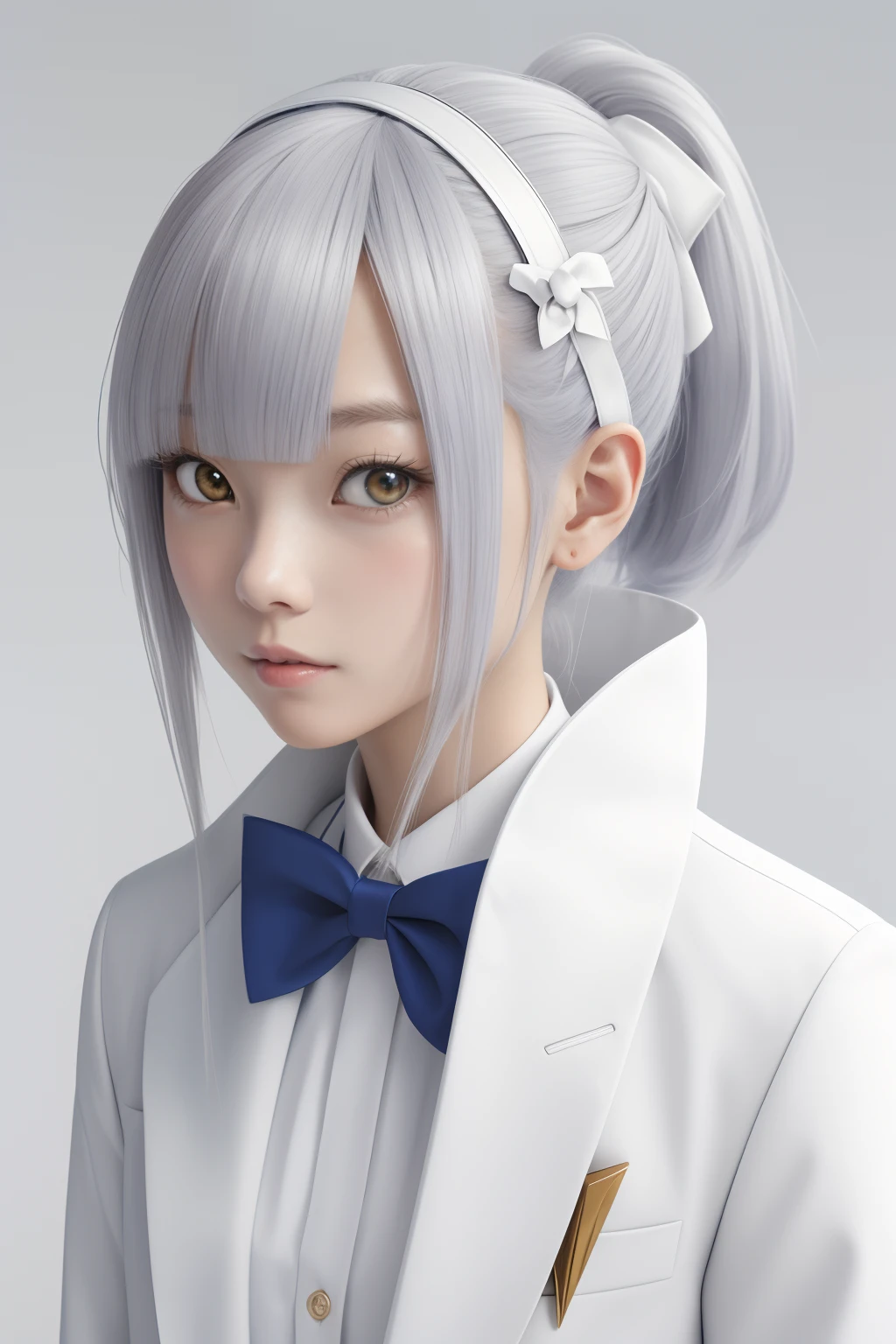 There's a woman with long hair wearing a white jacket and a bow tie, menina coreana, menina anime jovem realista, Menina chinesa, Menina anime na vida real, Menina anime com cabelo longo, branco hime corte penteado, bonito rosto de anime natural, Estilo anime 3D realista, menina anime bonita, com bonito - fino - rosto, retrato bonito do anime, Mulher sul-coreana bonita