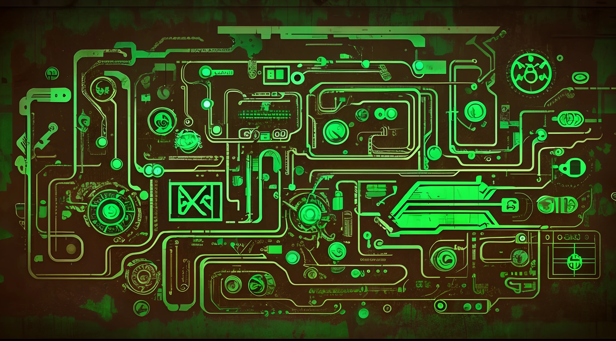 retrofuturistic terminal, green glyphs, rust, dirt, apocalypse, (small details:1.3), very dark, arcane, neoroman