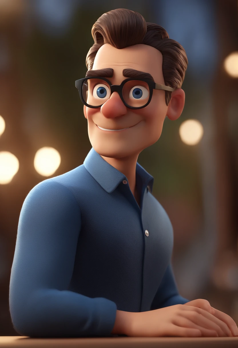 Cartoon character of a man with black glasses and a blue shirt, animation character, Caractere estilizado, animation style rendering, 3D estilizado, Arnold Maya render, 3 d render stylized, toon render keyshot, Personagem 3D, Personagem 3D, 3d rendering stylized, 3 d character render, personagem de desenho animado, Personagem de close up, Pose de personagem, (Estilo Pixar) (master part:1.2) (Bokeh) (best quality) (pele detalhada) (textura detalhada) (8k) (argila) (Cinematic lighting) (foco nítido