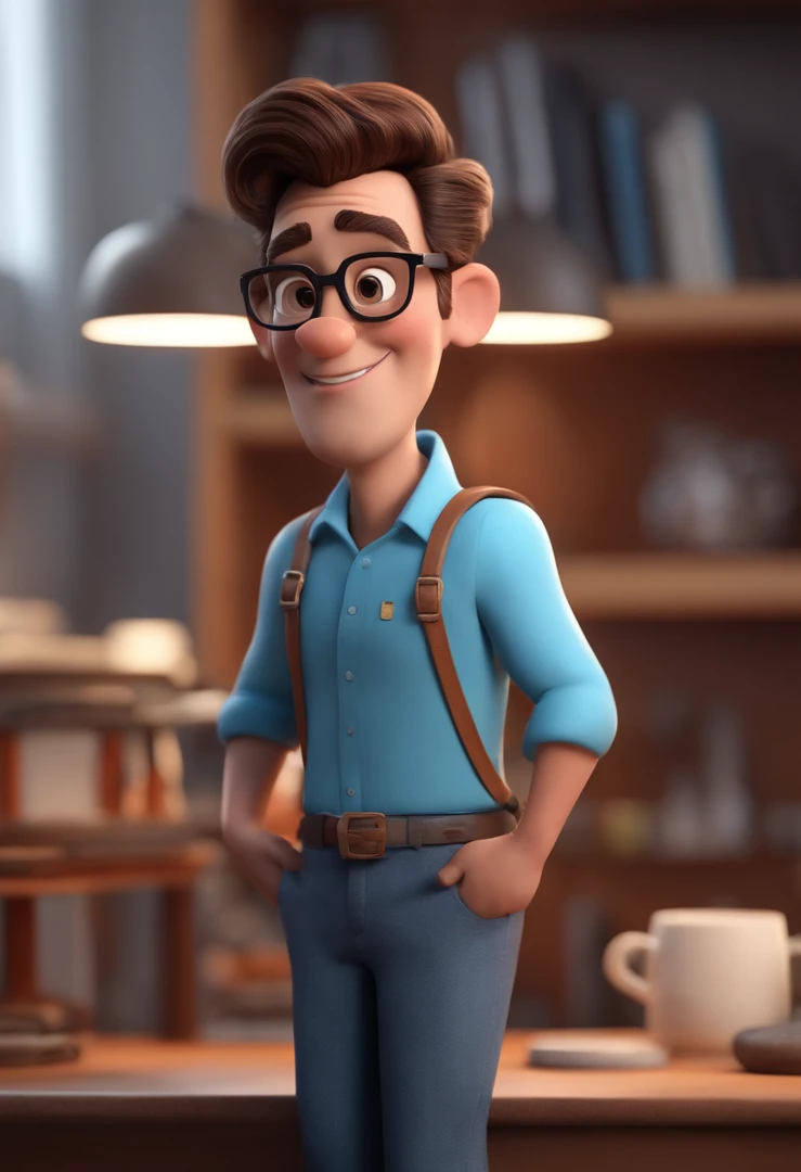 Cartoon character of a man with black glasses and a blue shirt, animation character, Caractere estilizado, animation style rendering, 3D estilizado, Arnold Maya render, 3 d render stylized, toon render keyshot, Personagem 3D, Personagem 3D, 3d rendering stylized, 3 d character render, personagem de desenho animado, Personagem de close up, Pose de personagem,  (Estilo Pixar) (master part:1.2) (Bokeh) (best quality) (pele detalhada) (textura detalhada) (8k) (argila) (Cinematic lighting) (foco nítido