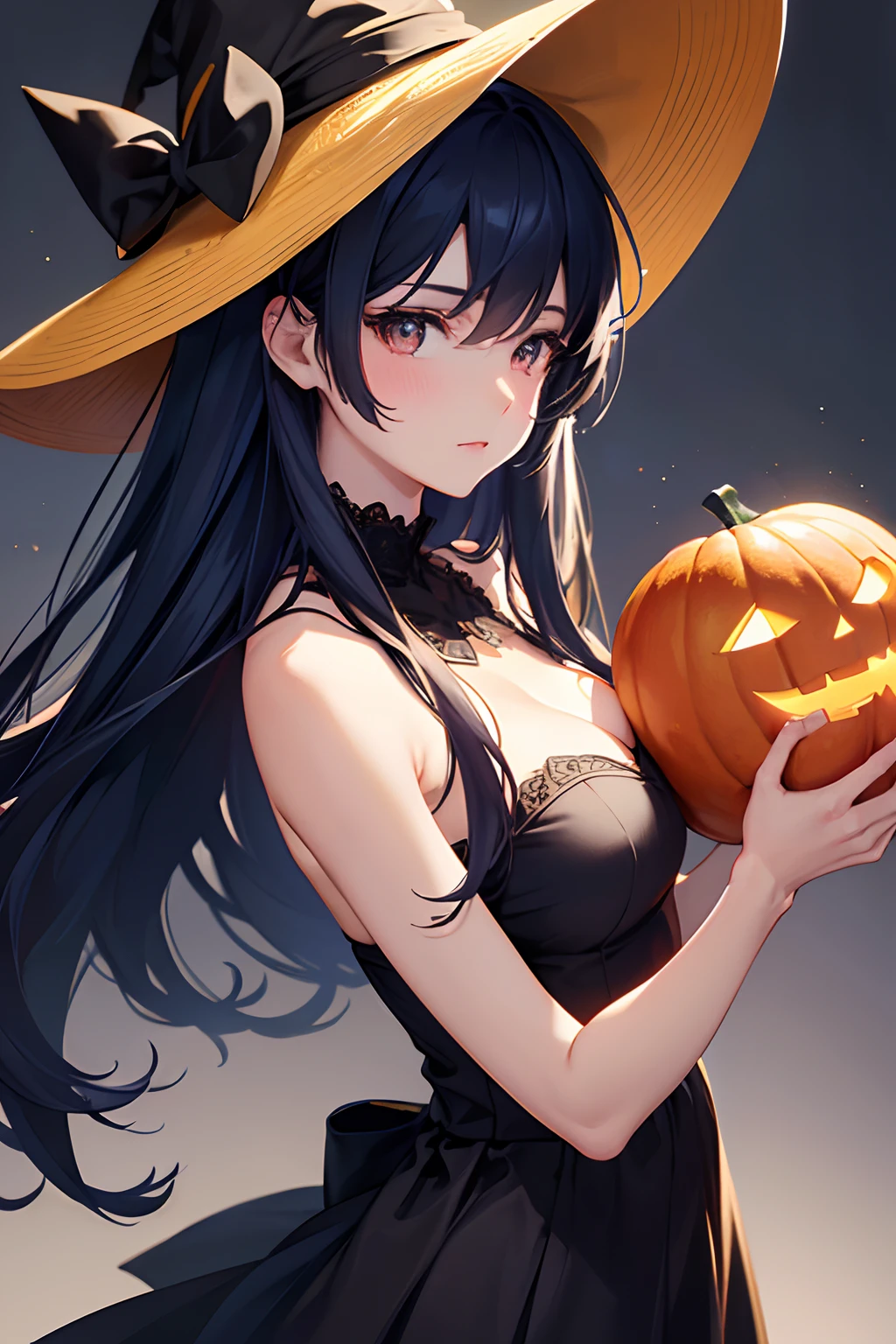 (top-quality, 8K, masterpiece, Top image quality, Hi-Res, super detailing, Ultra HD, (Delicate and smooth skin, real looking skin, Perfect and beautiful face ,Perfect and cute face, high detail skin, Perfect limbs)), 1girl , black dress , long blue hair , blush , hair between eyes , light , looking to the side at viewer , medium breasts , holding pumpkin , solo , witch hat