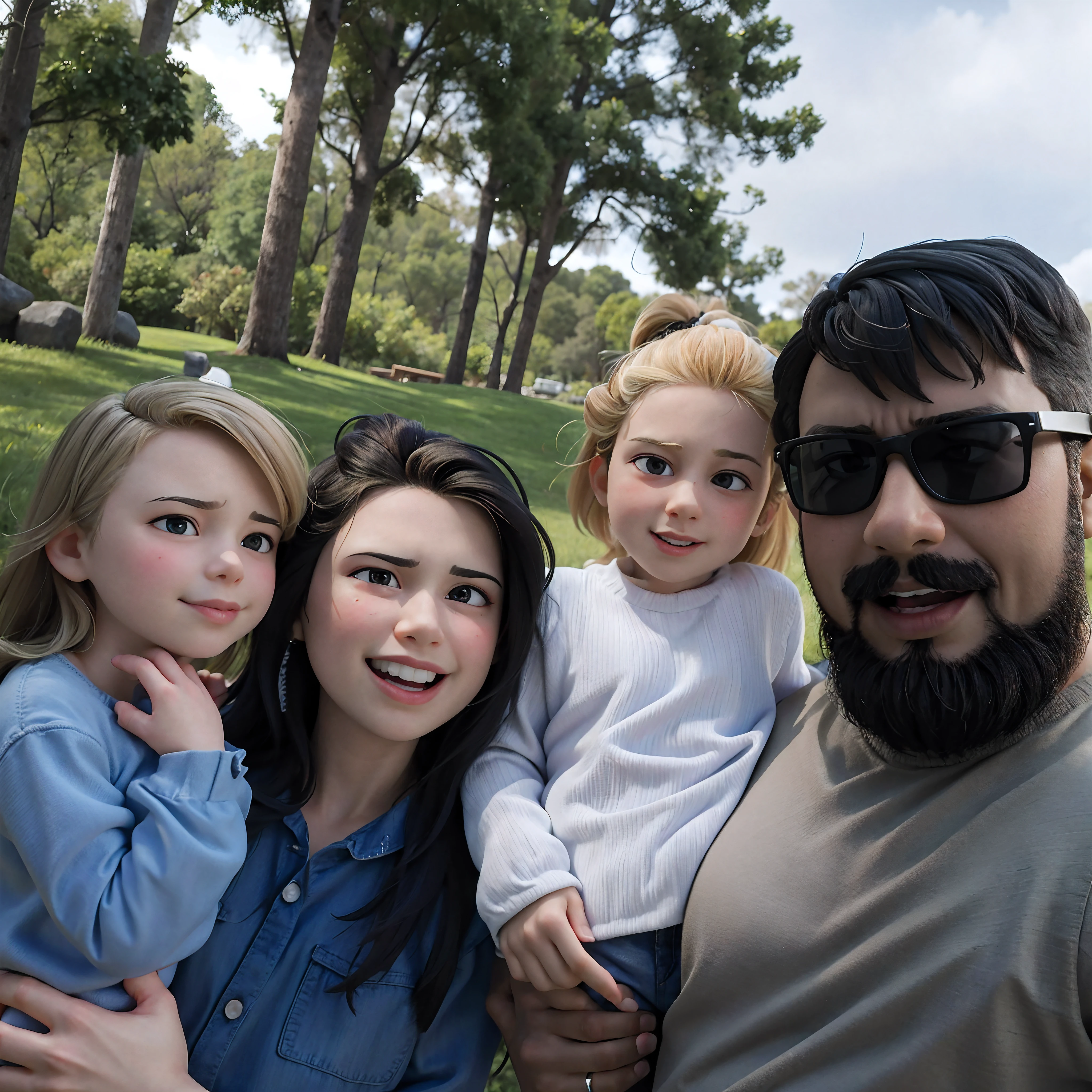 There are two adults and two children posing for a photo, sem parque, divertindo-se, of a family standing in a park, Parque em segundo plano, em um parque, sem parque em um belo dia, vacation photo, family portrait, Happy family, sem parque, com um parque ao fundo, trees in the background, foto do perfil, imagem de perfil