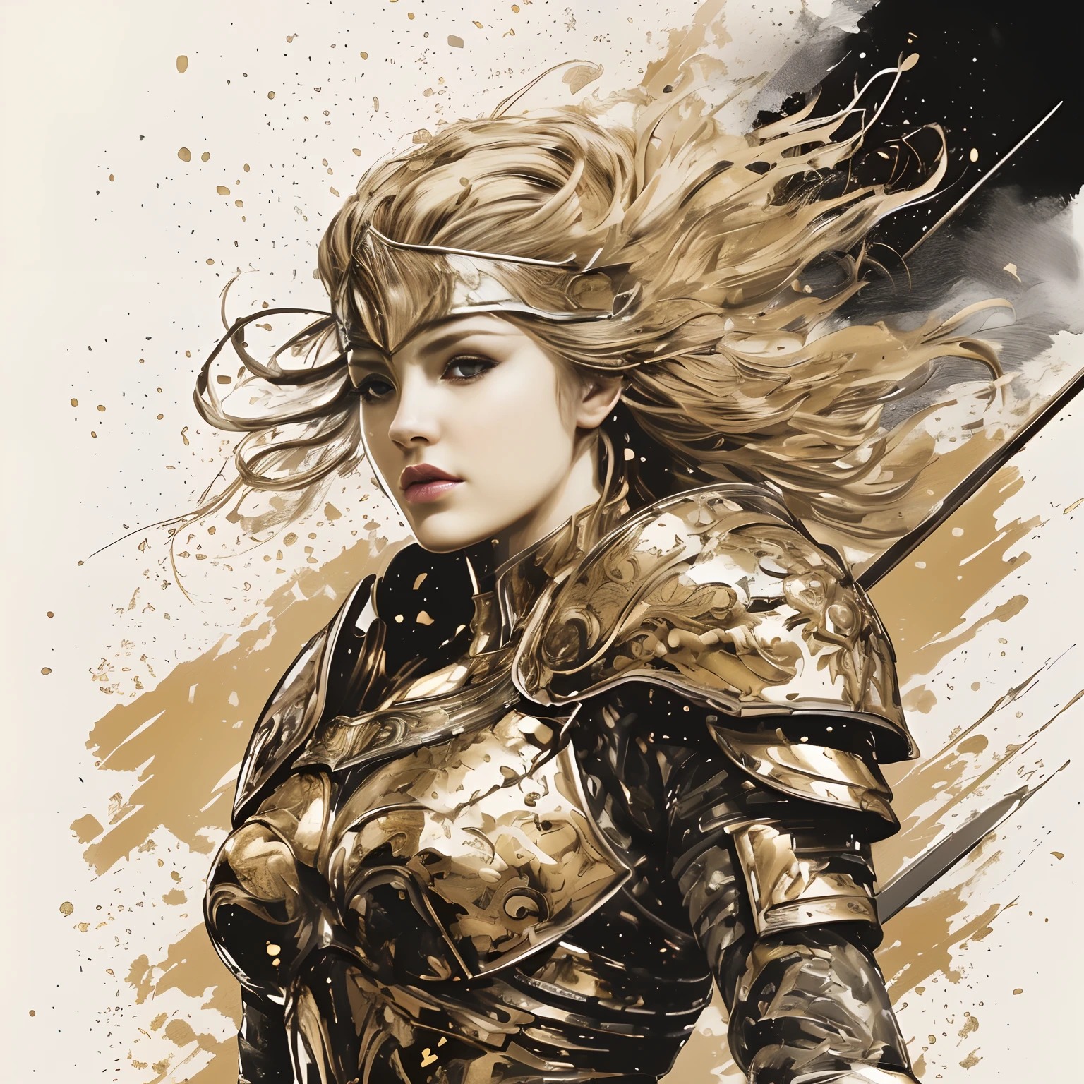 Greek goddess Athena in silver Hoplite armor with gold trim, billowing blonde hair, intricate details, HDR, beautifully shot, hyper-realistic, sharp focus, 64 megapixels, perfect composition, high contrast, cinematic, atmospheric, moody, Hyper-realistic, splash art, concept art, mid shot, intricately detailed, color depth, dramatic, 2/3 face angle, side light,