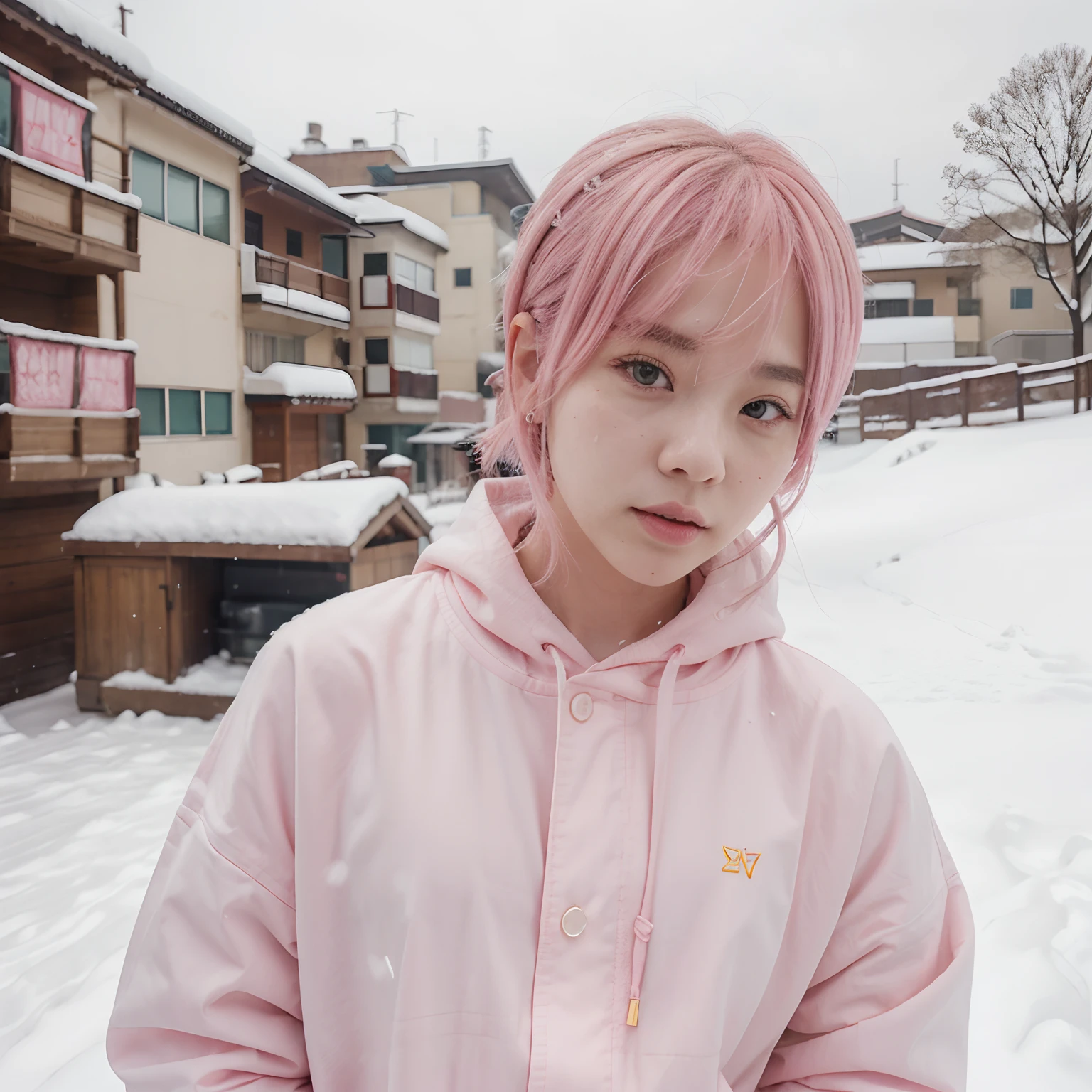 Jimin bts pink hair, Korean face, pink face, yellow shirt, in the snow