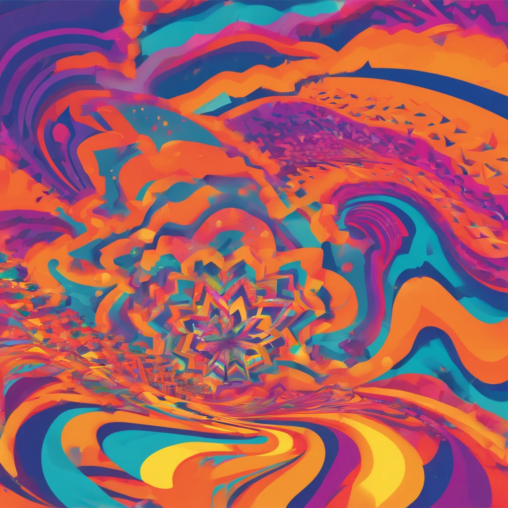 Create a Background Image with Geometric Borders in a Modern Style, Electronic Music Festival, linhas suaves, nas cores azul e laranja, Inspirada na caligrafia grega, Para projetos baseados em fantasia relacionados ao Floresta