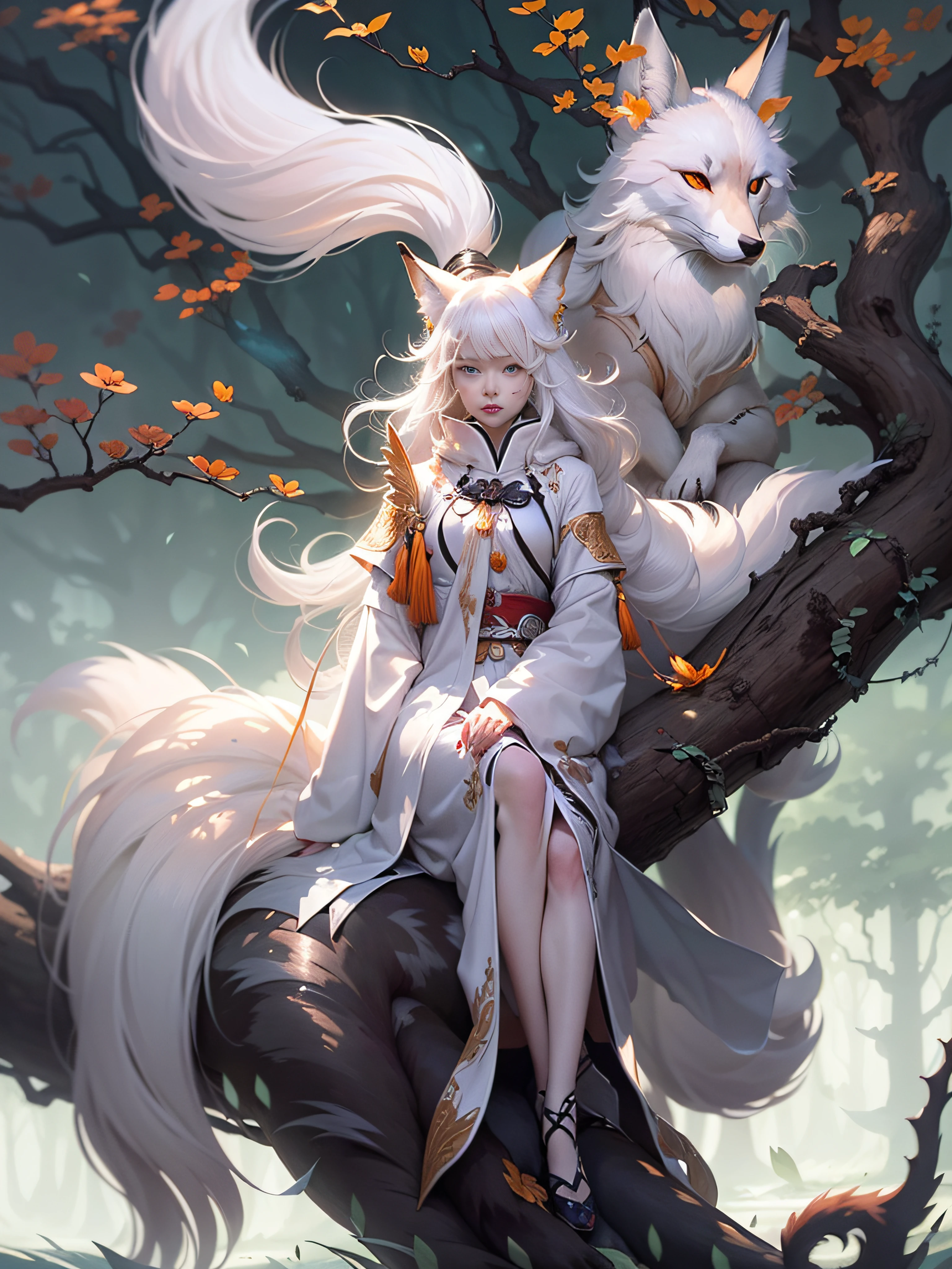 Drawing of a fox with white hair sitting on a branch, ethereal fox, nine-tailed fox, fox three-tailed fox, onmyoji detailed art, nine-tailed, beautiful artwork illustration, mythological creature, fox, beautiful Digital artwork, exquisite digital illustrations, mizutsune, inspired by mythical creatures Wildnet, digital art on pixiv, strong light, high contrast, horror movie theme, dark atmosphere