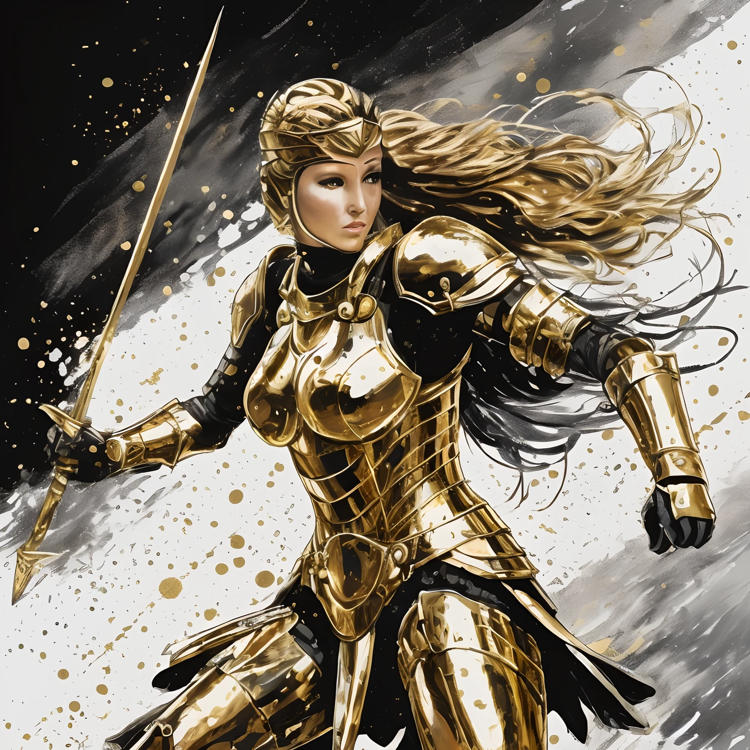 a painting of a woman in armor holding a sword, golden armor, of a beautiful female knight, gold armor, golden armour, armor girl, gold armour, light gold armor, picture of female paladin, girl in knight armor, female paladin, portrait of female paladin, gold obsidian armor, golden goddess athena, sleek gold armor, beautiful female knight