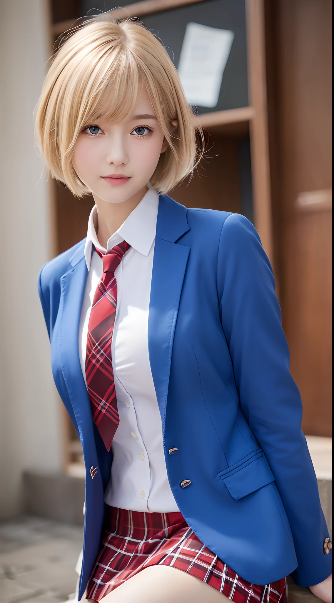 masutepiece,Best Quality,Ultra-detailed,finely detail,hight resolution,in 8K,((Photorealsitic:1.4,Raw photography,超A high resolution,Top image quality:1.4)),masutepiece、Best Quality、 ultra-detailliert、hight resolution、8K Wallpapers、Perfect dynamic composition,、Beautiful detailed eyes、(Beautiful breasts:1.1) 、Blue Blazer、student clothes、white shirt、red necktie、Plaid brown skirt、1girl in、a beauty girl、High school students、Blonde head hair、(a blond)short-cut、Hide your left eye with hair、Red Eyes、ssmile