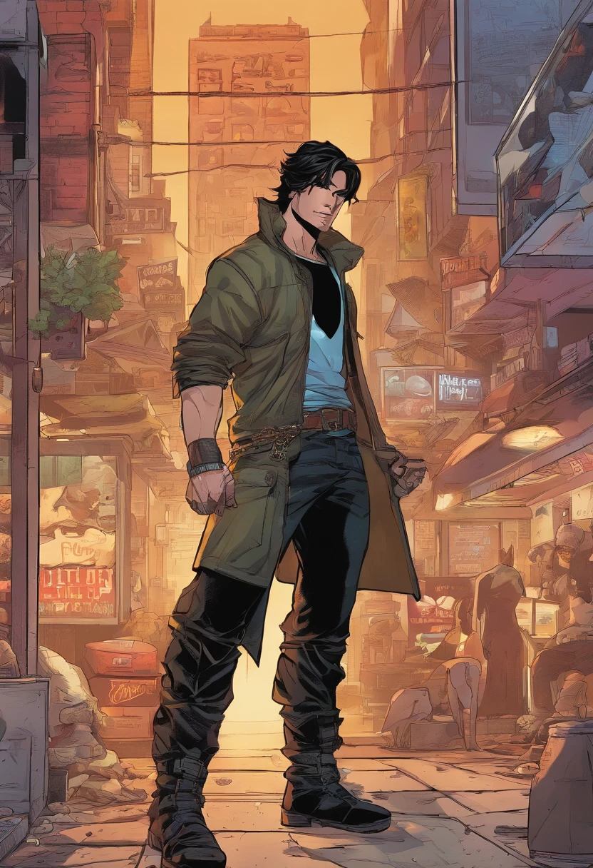 Marvel Comics art style male character with an built figure, medium length black hair that is styled in a messy wolfcuf, golden eyes that tend to glow and his pupils are slit like a cat's, wearing a sleeveless black shirt, black combat pants with some chains on the sides of them, platformed boots with buckles on them, and has tan skin. He has thick eyebrows that have an arch to them.