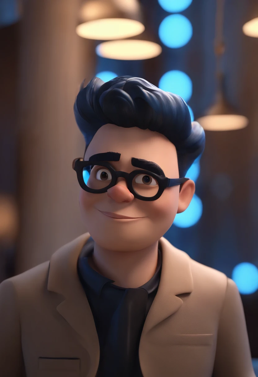 Cartoon character of a man wearing black glasses and a blue shirt, um personagem animado, Caractere estilizado, animation style rendering, 3D estilizado, Arnold Maya render, 3 d render stylized, toon render keyshot, Personagem 3D, Personagem 3D, 3d rendering stylized, 3 d character render, personagem de desenho animado, Personagem de close up, Pose de personagem, (Estilo Pixar) (master part:1.2) (Bokeh) (best quality) (pele detalhada) (textura detalhada) (8k) (argila) (Cinematic lighting) (foco nítido,Senta e vaza a parte superior do corpo