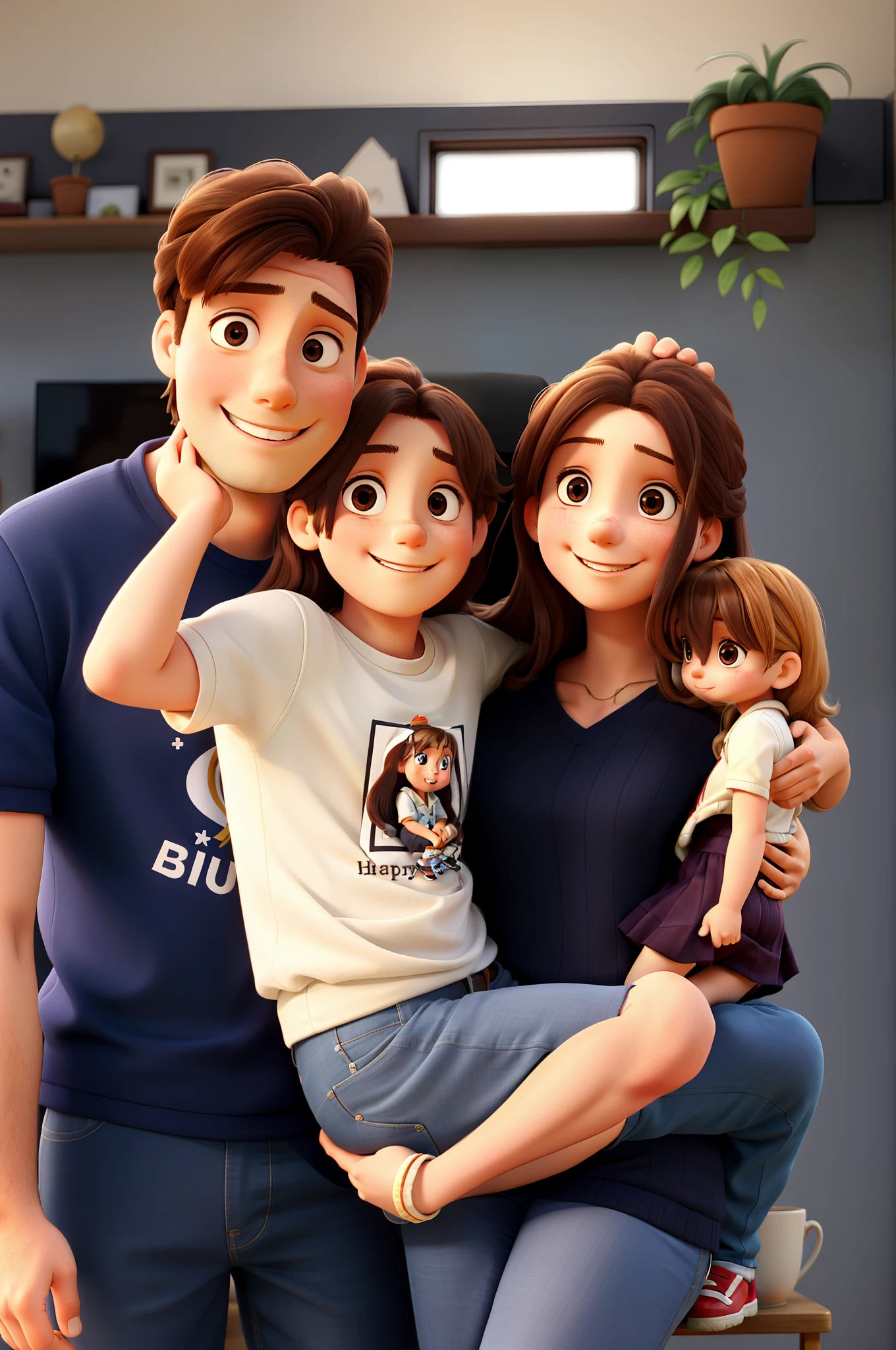 Three people, a man, a woman and a girl with long hair, on the woman’s lap, as a happy family posing for a photograph, against a blurry background.