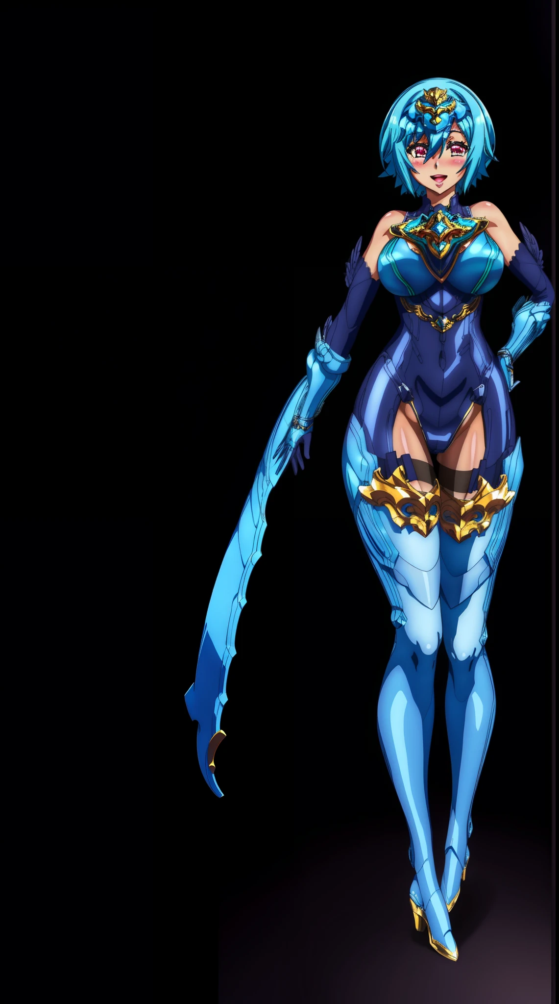 sandalphon (the seven heavenly virtues), masterpiece, best quality, 1girl, solo, thighhighs, short hair, blue hair, gauntlets, gloves, breasts, thigh boots, full body, leotard, boots, weapon, armor, shield, purple eyes, bare shoulders, belt, head wings, full body, boots, white body suit, smile, big breast, tall, latex suit,pantyhose, scarf,