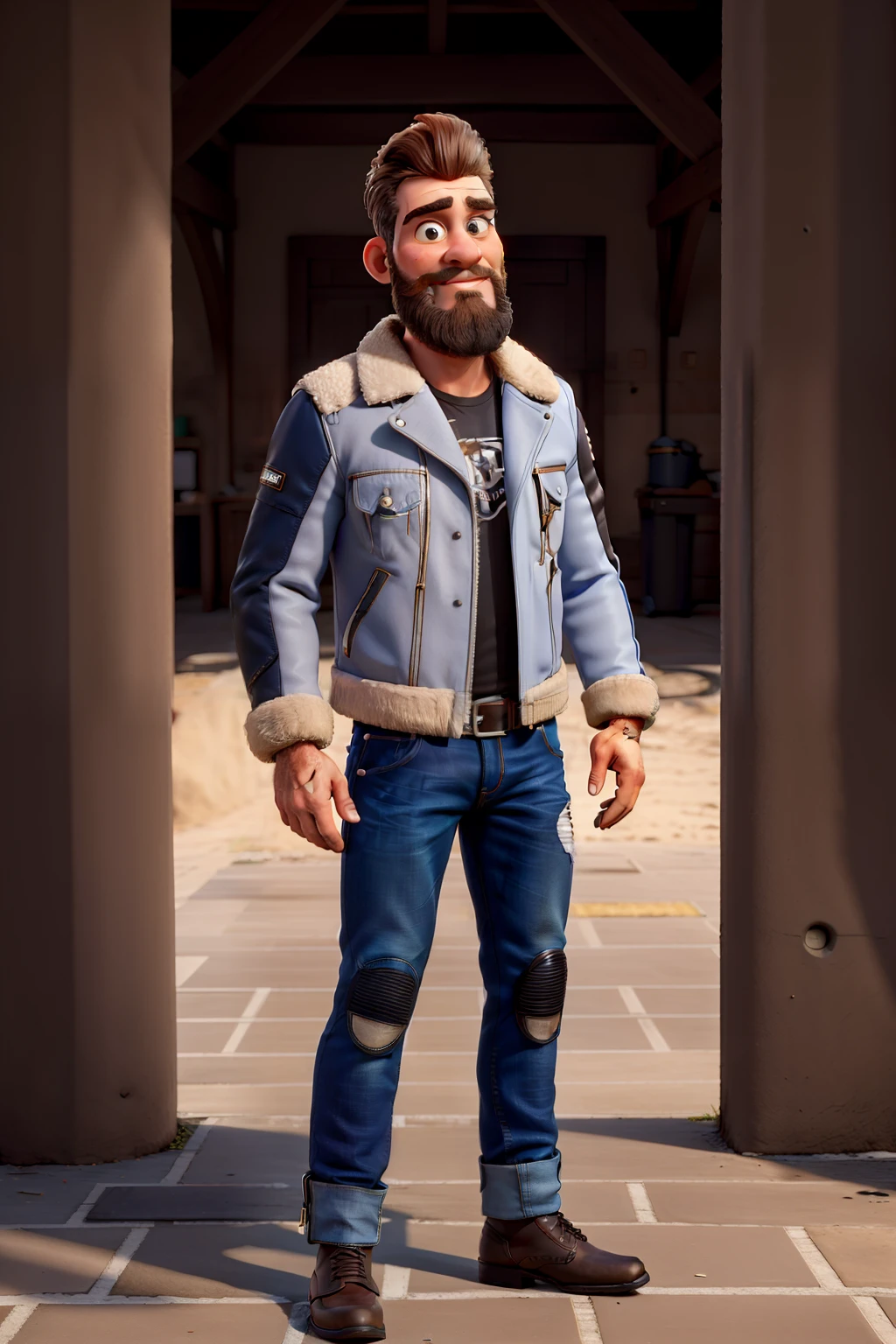 master part, best quality, um velho com barba branca e longos cabelos castanhos, vestindo uma jaqueta de couro e jeans preto, ao lado de sua motocicleta