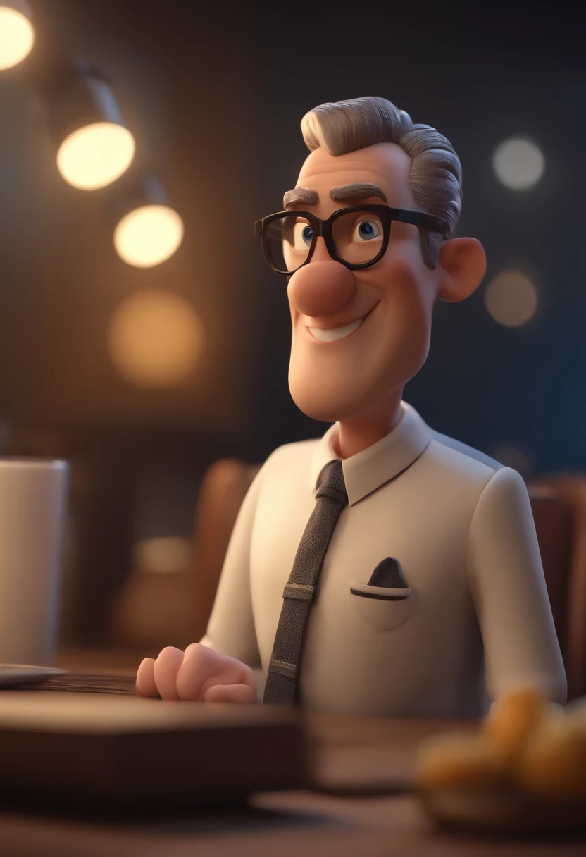 Cartoon character of a man wearing black glasses and a blue shirt, um personagem animado, cabelo grisalho, magro, Caractere estilizado, animation style rendering, 3D estilizado, Arnold Maya render, 3 d render stylized, toon render keyshot, Personagem 3D, Personagem 3D, 3d rendering stylized, 3 d character render, personagem de desenho animado, Personagem de close up, Pose de personagem, (Estilo Pixar) (master part:1.2) (Bokeh) (best quality) (pele detalhada) (textura detalhada) (8k) (argila) (Cinematic lighting) (foco nítido,Senta e vaza a parte superior do corpo
