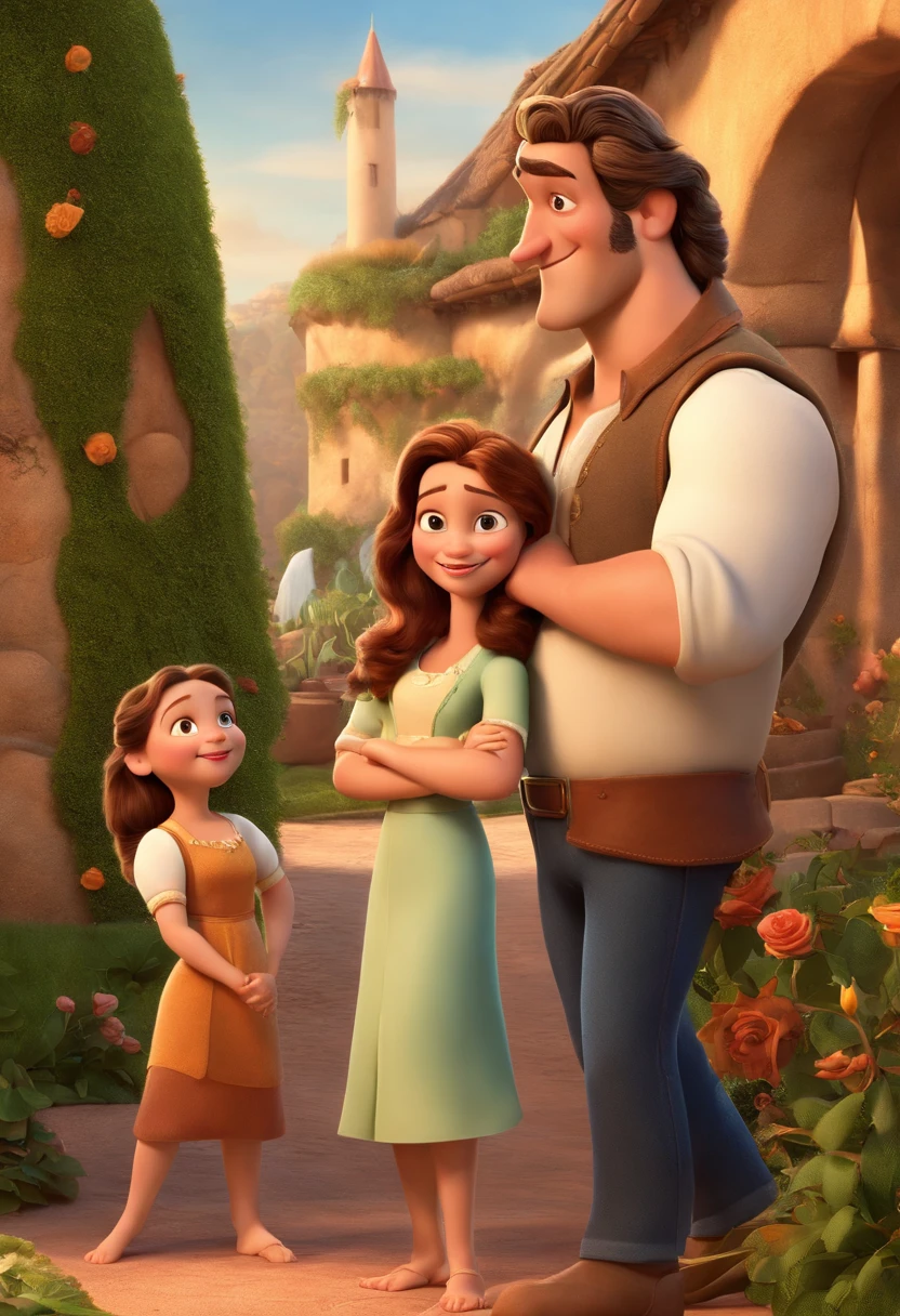a Disney Pixar movie poster showing a white-skinned family. The father is the tallest, Tem barba curta, loiro, cabelos curtos e espinhosos. The mother has brown eyes and hair, shoulder-length and is slightly overweight. A menina tem 4 anos e cabelos castanhos, roupa rosa e rabos de cavalo. The background is a beach garden. 3D-rendering