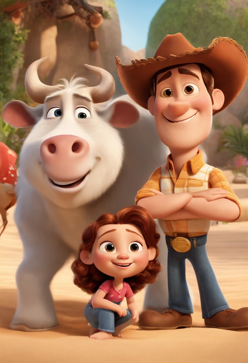a Disney Pixar movie poster showing a white-skinned family. The father is the tallest, Tem barba curta, loiro, cabelos curtos e espinhosos. The mother has brown eyes and hair, shoulder-length and is slightly overweight. A menina tem 4 anos e cabelos castanhos, roupa rosa e rabos de cavalo. The background is a beach garden. 3D-rendering