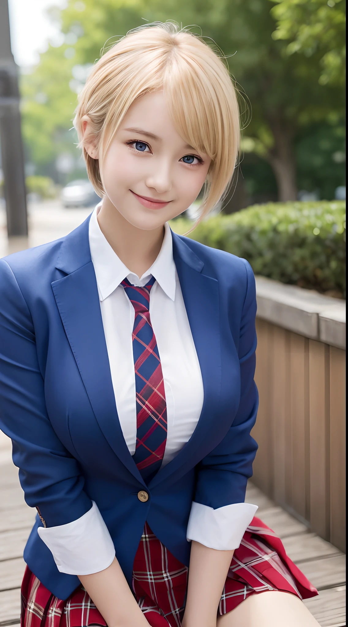 masutepiece,Best Quality,Ultra-detailed,finely detail,hight resolution,in 8K,((Photorealsitic:1.4,Raw photography,超A high resolution,Top image quality:1.4)),masutepiece、Best Quality、 ultra-detailliert、hight resolution、8K Wallpapers、Perfect dynamic composition,、Beautiful detailed eyes、(Beautiful breasts:1.1) 、Blue Blazer、student clothes、white shirt、red necktie、Plaid brown skirt、1girl in、a beauty girl、High school students、Blonde head hair、(a blond)short-cut、Hide your left eye with hair、Red Eyes、ssmile、A smile
