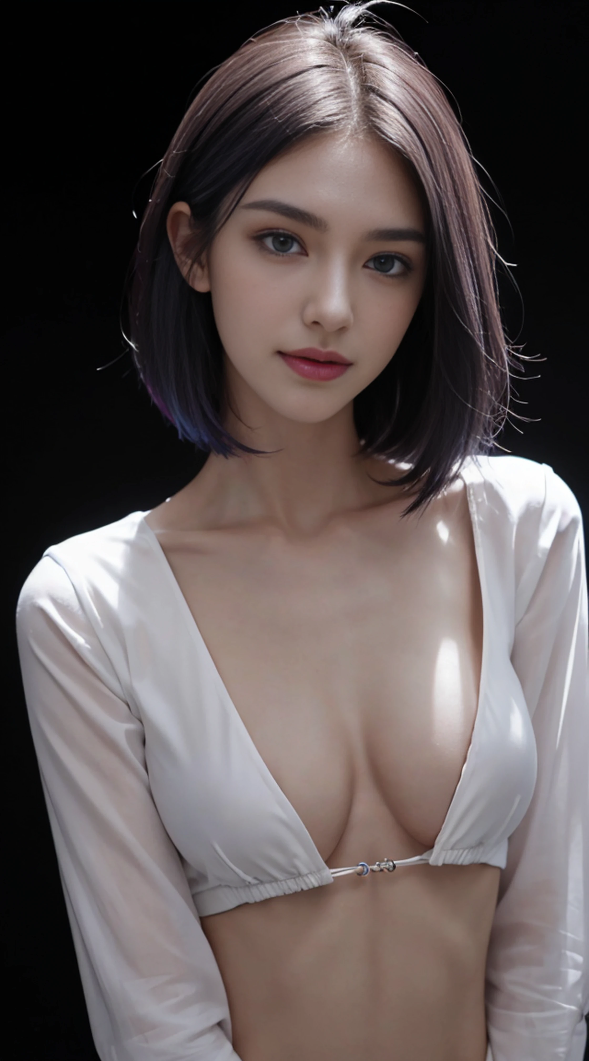 8K, Top Quality, Intricate Details, Ultra Detail, Ultra High Resolution, Masterpiece, random angle, Slender, Smile, (Makeup: 0.4), (Fluffy Blue Eyes: 1.21), blue Eyes, looking at viewer, ((full body)), 1girl, solo, 1 girl, (( full body)), close up shot, , ((tall)), (((fit body))), (((slim face))), sharp face, sharp eyes, (((random color hair, )) , (detailed face), sharp face, small lips,
(( )), ((open shirt)), detailed face, detailed breast, , large breast, detail ass, , Beautiful girl with accentuated slender abs: 1.4, Six Pack Abs: 1.4, Bust Botox, Big, Perfect Body, detail leg, (( dark background)), black background, (((see the whole body)))