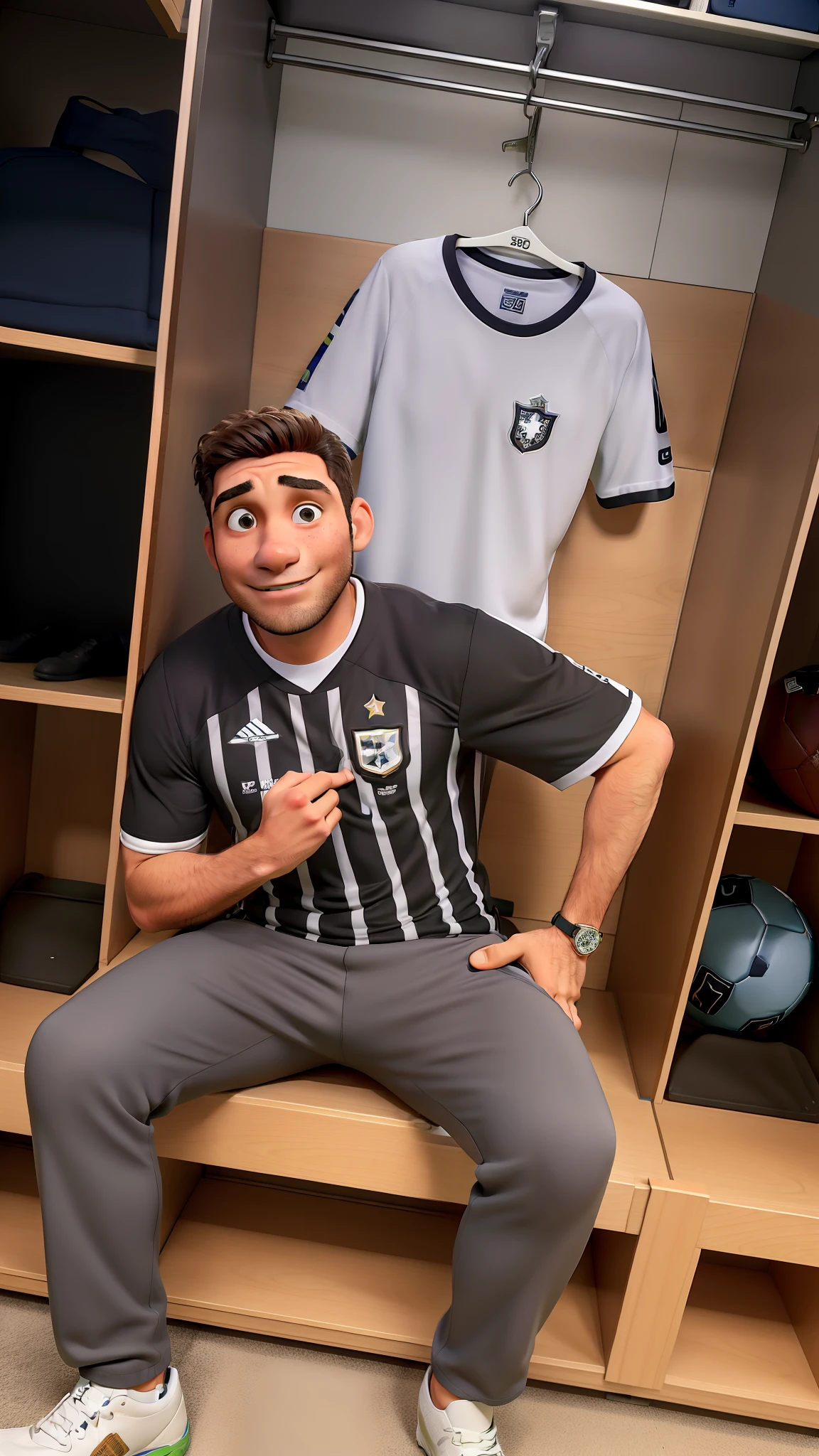 Um homem sentando, com a camisa do Corinthians, In a football locker room