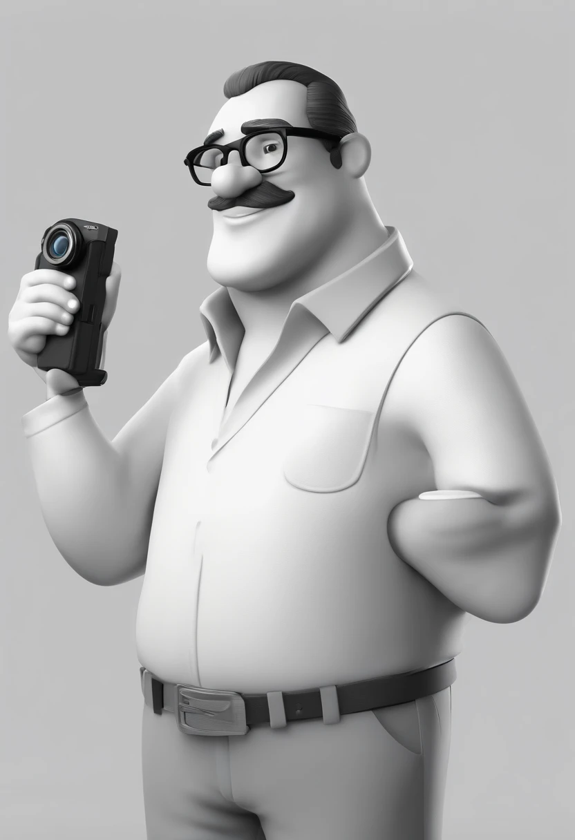 Cartoon character of a man wearing black glasses and a blue shirt, bigode pequeno, Holding a camera, um kimono escorado no ombro do personagem, um personagem animado, Caractere estilizado,  animation style rendering, 3D estilizado, Arnold Maya render, 3 d render stylized, toon render keyshot, Personagem 3D, Personagem 3D, 3d rendering stylized, 3 d character render, personagem de desenho animado, Personagem de close up, Pose de personagem,  (Estilo Pixar) (master part:1.2) (Bokeh) (best quality) (pele detalhada) (textura detalhada) (8k) (argila) (Cinematic lighting) (foco nítido