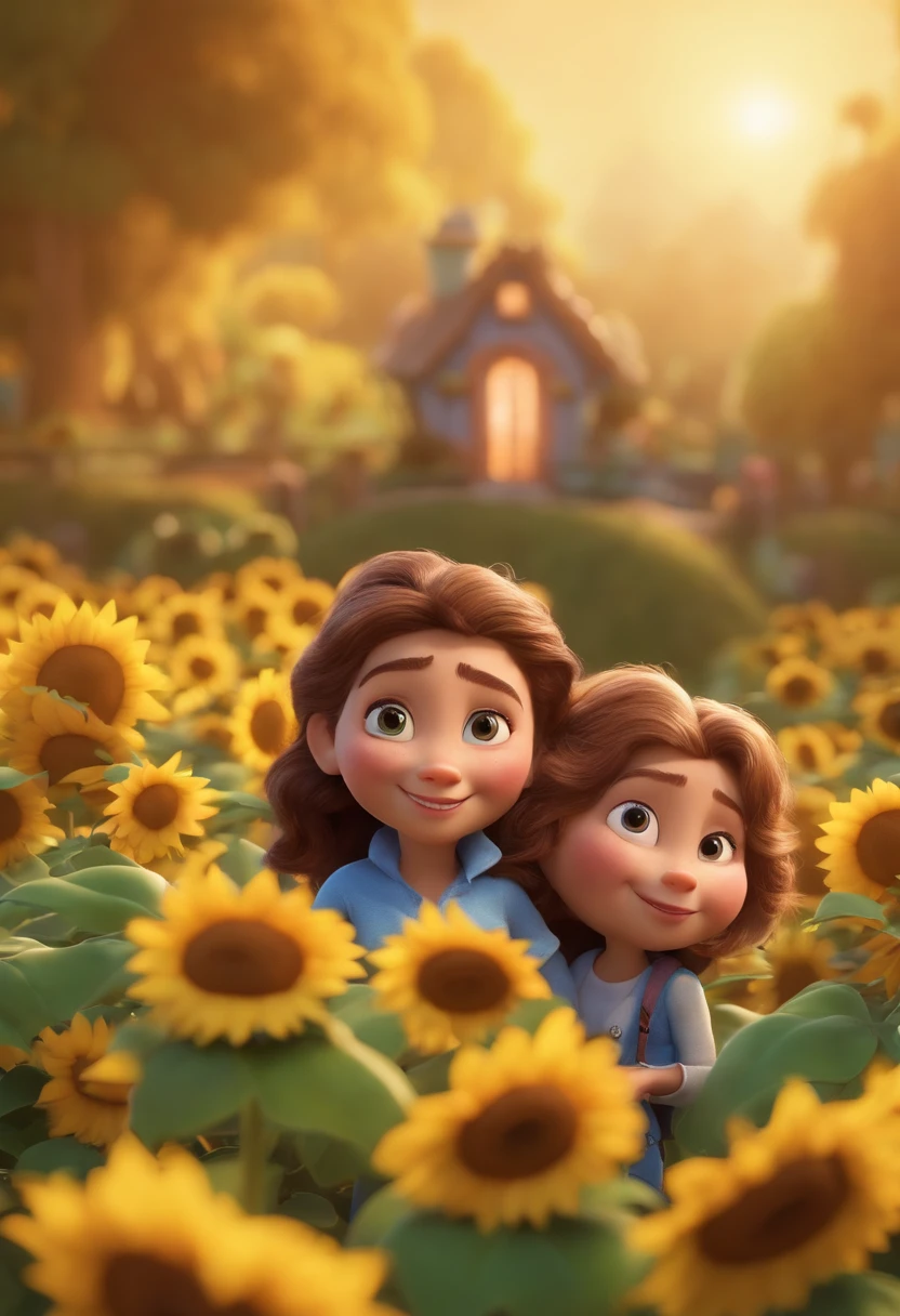 Create a Disney PIXAR-style 3D poster. ((centro da imagem, Triplets)), ((3 children)) ((1 menino no meio e 2 meninas ao lado, They're hugging each other, O menino tem pele castanha e cabelos castanhos escuros e olhos castanhos escuros, 1 menina tem pele clara, olhos e cabelos escuros e cacheados, e a outra menina tem pele morena, olhos escuros e cabelos escuros e lisos)) ((tudo isso no estilo Disney PIXAR 3D, In the background, A house of sunflowers, Gloria Studio, The garden is full of nature 3D render RTX clay material, estilo de design cartunesco, POP Mart, soft lighting, linhas suaves, Spring tilt, Detailed illustrations of PIXAR 3D, Detalhes hiper-realistas, cor quente no estilo Disney PIXAR 3D))