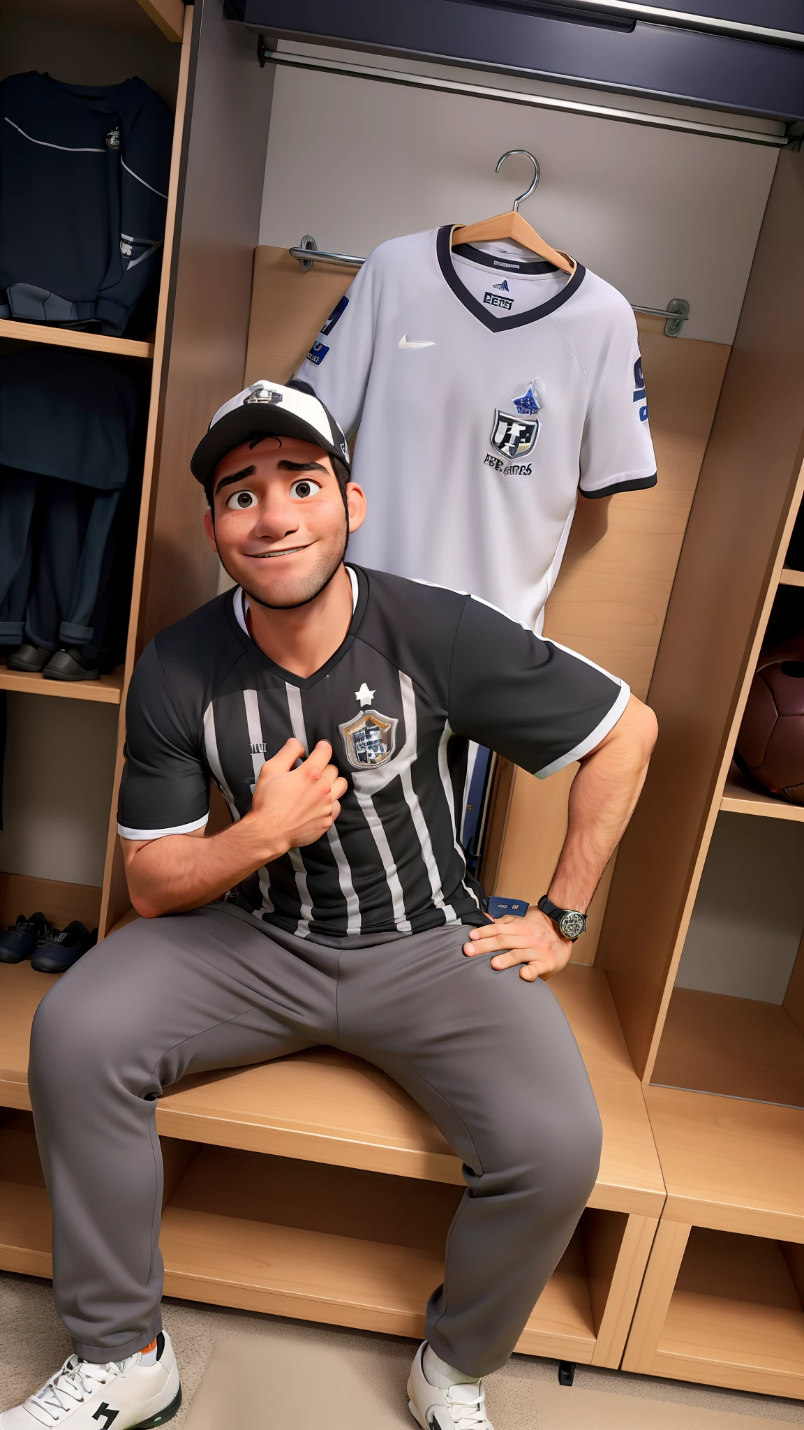 Um homem sentando, com a camisa do Corinthians, In a football locker room