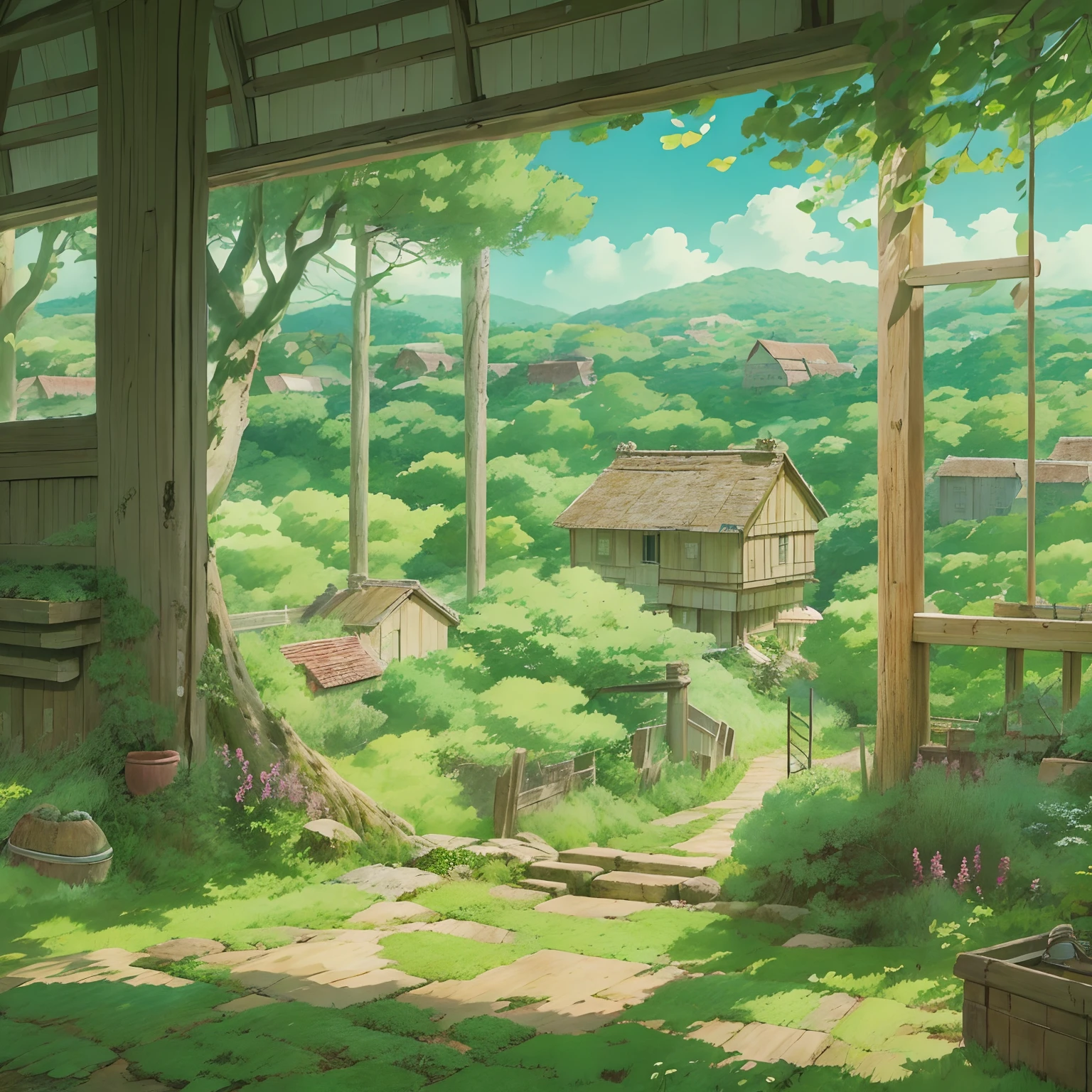 animesque、Background art、Beautiful Landscapes、Deities々Shikai、Natural objects、Studio Ghibli style、You can feel the feel of the brush、countryside view