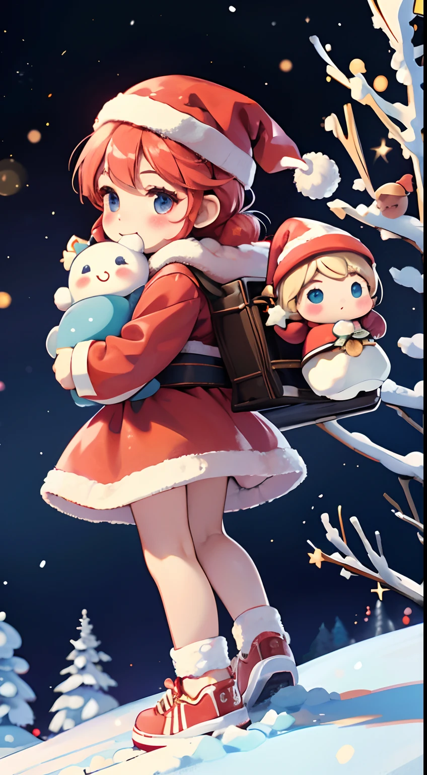 Santa Claus happily carrying presents、Santa is a pretty girl、Chibi Doll、Stars in the eyes(kirakira)、Eye Up、Laugh、Cute red shoes, Ultra Detail, radiant light、bio luminescent、snowscape、It's snowing、Snowboard Riding、Drawing snowflakes in the foreground、Taken from behind、Stronger bokeh effect