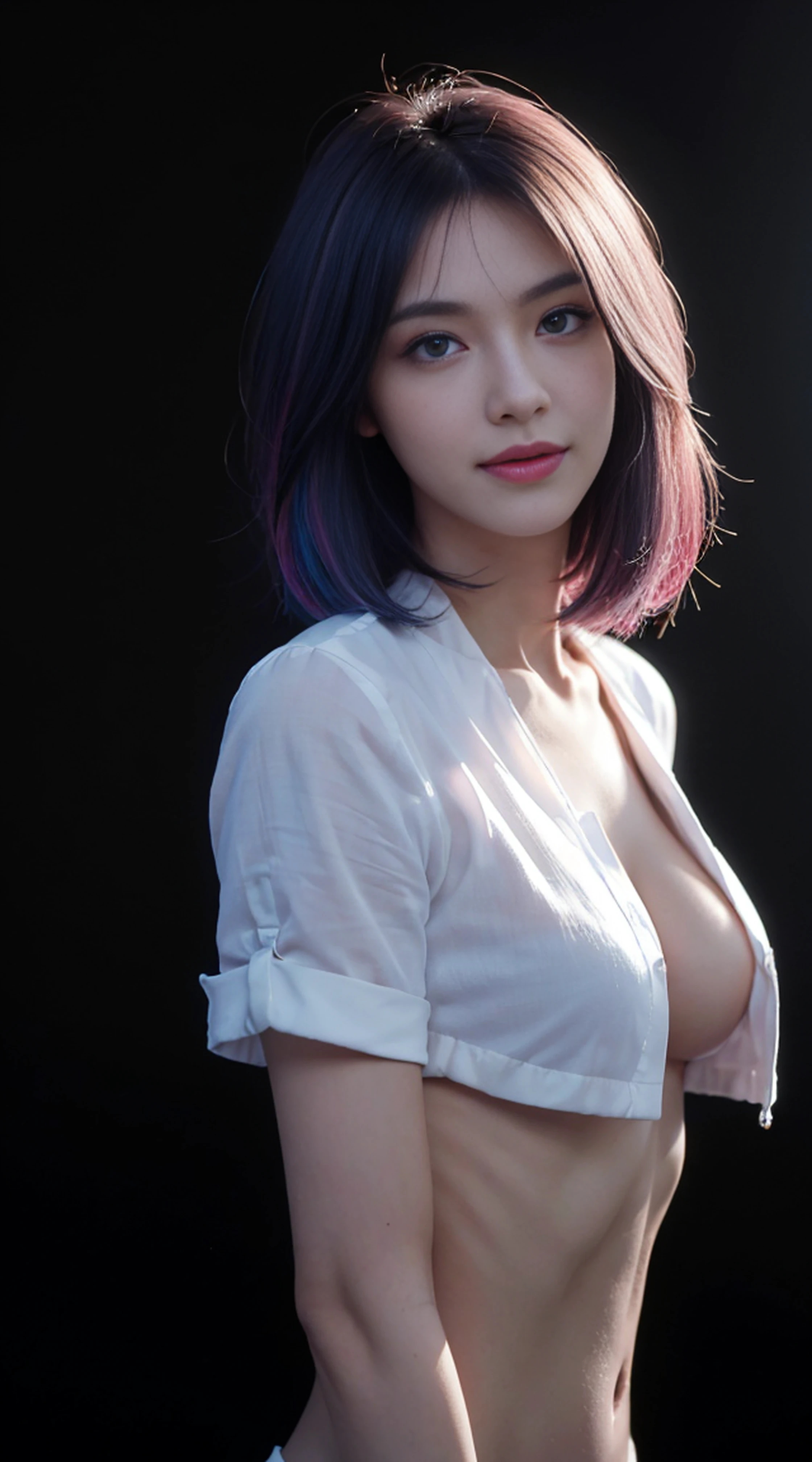 8K, Top Quality, Intricate Details, Ultra Detail, Ultra High Resolution, Masterpiece, random angle, Slender, Smile, (Makeup: 0.4), (Fluffy Blue Eyes: 1.21), blue Eyes, looking at viewer, ((full body)), 1girl, solo, 1 girl, (( full body)), close up shot, , ((tall)), (((fit body))), (((slim face))), sharp face, sharp eyes, (((random color hair, )) , (detailed face), sharp face, small lips,
(( )), ((open shirt)), detailed face, detailed breast, , large breast, detail ass, , Beautiful girl with accentuated slender abs: 1.4, Six Pack Abs: 1.4, Bust Botox, Big, Perfect Body, detail leg, (( dark background)), black background, (((see the whole body)))