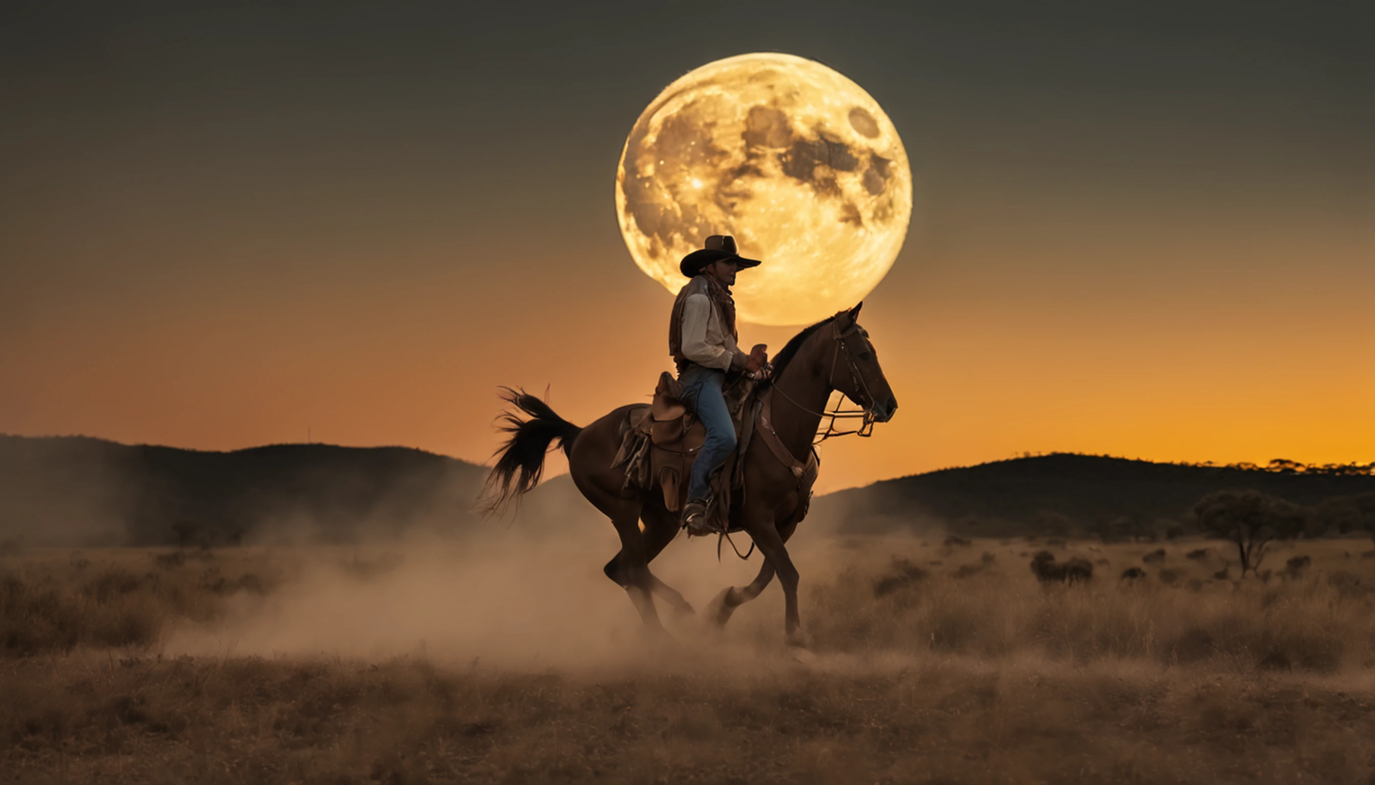 There is a man on a horse in front of a full moon, Andar a cavalo na lua, vaqueiro, Cowboy na Faixa, Back photo of a cowboy, No Velho Oeste, O Cowboy no Estranho Oeste, Velho Oeste, Lone guard, sonho de vaqueiro, quadrinhos ocidentais inspirados, lonely rider, Directed by: Cindy Wright, space western, Fotografia Moonwalker