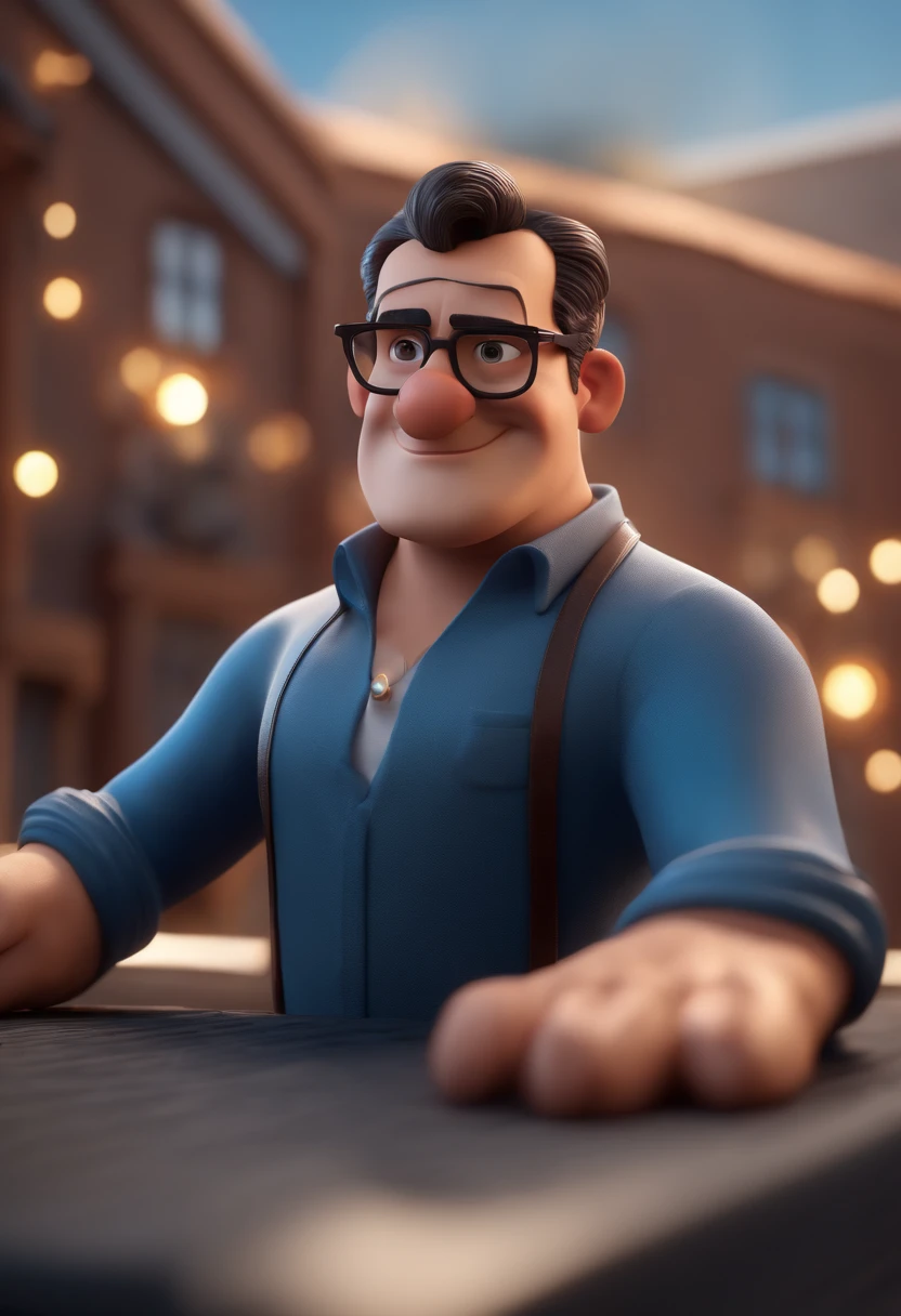Cartoon character of a man with black glasses and a blue shirt, animation character, Caractere estilizado, animation style rendering, 3D estilizado, Arnold Maya render, 3 d render stylized, toon render keyshot, Personagem 3D, Personagem 3D, 3d rendering stylized, 3 d character render, personagem de desenho animado, Personagem de close up, Pose de personagem,  (Estilo Pixar) (master part:1.2) (Bokeh) (best quality) (pele detalhada) (textura detalhada) (8k) (argila) (Cinematic lighting) (foco nítido