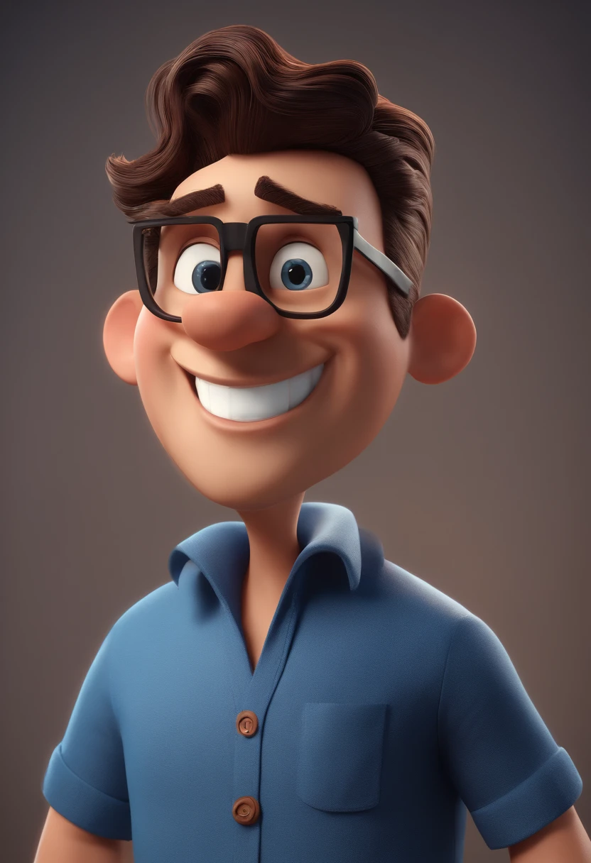 Cartoon character of a man with black glasses and a blue shirt, animation character, Caractere estilizado, animation style rendering, 3D estilizado, Arnold Maya render, 3 d render stylized, toon render keyshot, Personagem 3D, Personagem 3D, 3d rendering stylized, 3 d character render, personagem de desenho animado, Personagem de close up, Pose de personagem, (Estilo Pixar) (master part:1.2) (Bokeh) (best quality) (pele detalhada) (textura detalhada) (8k) (argila) (Cinematic lighting) (foco nítido