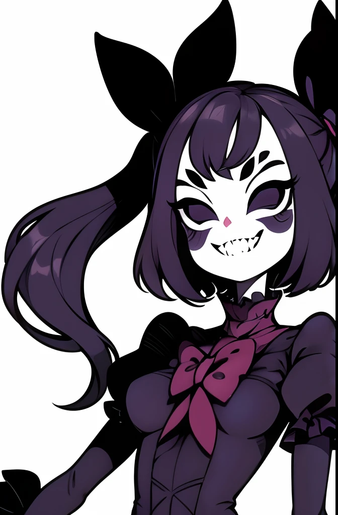 1girl, ;), arthropod_girl, closed_mouth, extra_arms, extra_eyes, fangs, hair_ribbon, head_tilt, indiefoxtail, looking_at_viewer, muffet, one_eye_closed, puffy_short_sleeves, puffy_sleeves, ribbon, short_sleeves, short_twintails, simple_background, smile, solo, spider_girl, spot_color, teeth, twintails, two_side_up, undertale, white_background