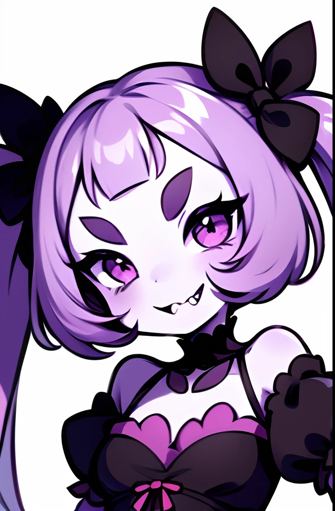 1girl, ;), arthropod_girl, closed_mouth, extra_arms, extra_eyes, fangs, hair_ribbon, head_tilt, indiefoxtail, looking_at_viewer, muffet, one_eye_closed, puffy_short_sleeves, puffy_sleeves, ribbon, short_sleeves, short_twintails, simple_background, smile, solo, spider_girl, spot_color, teeth, twintails, two_side_up, undertale, white_background