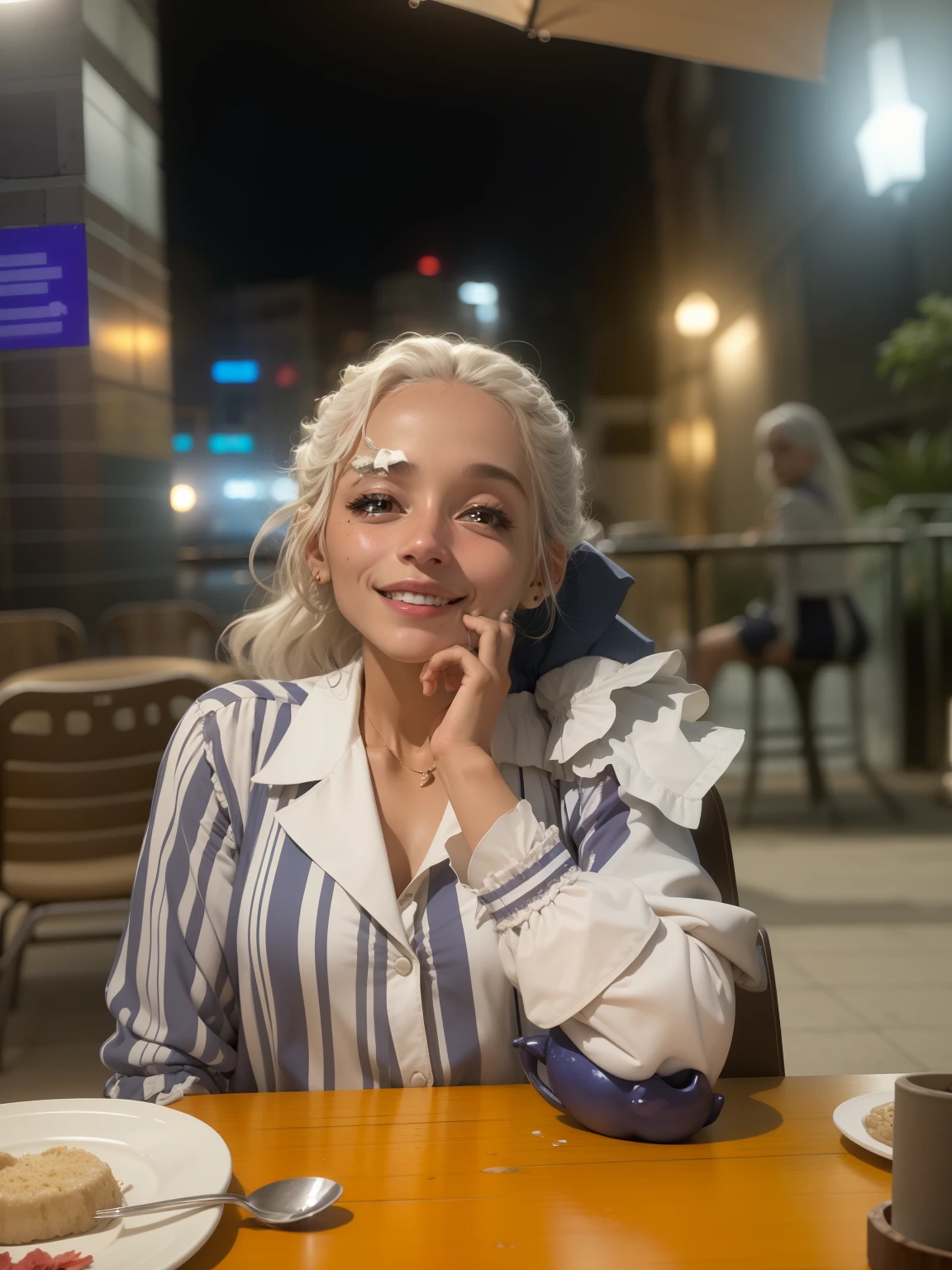 mulher sorridente sentada em uma mesa com um prato de comida, Directed by: Nandor Soldier, imagem de perfil, photo taken at night, Directed by: Siona Shimshi, by Amelia Peláez, by Gina Pellón, Directed by: Felipe Seade, in the nighttime, Directed by: Micha Klein, Directed by: Steven Belledin, Directed by: Matteo Pérez, Directed by: Judith Gutierrez