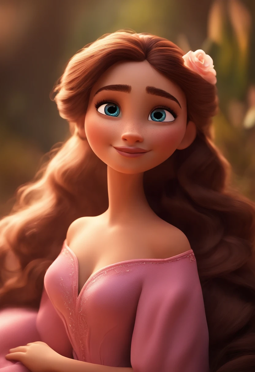 Imagem estilo Pixar com personagem 3D cabelos cor de mel longos, vestido rosa, pele branca, olhos castanhos escuro, magra, rosto oval, fine strokes, Christian