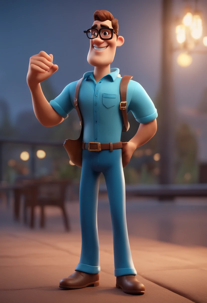 Cartoon character of a man with black glasses and a blue shirt, animation character, Caractere estilizado, animation style rendering, 3D estilizado, Arnold Maya render, 3 d render stylized, toon render keyshot, Personagem 3D, Personagem 3D, 3d rendering stylized, 3 d character render, personagem de desenho animado, Personagem de close up, Pose de personagem,  (Estilo Pixar) (master part:1.2) (Bokeh) (best quality) (pele detalhada) (textura detalhada) (8k) (argila) (Cinematic lighting) (foco nítido