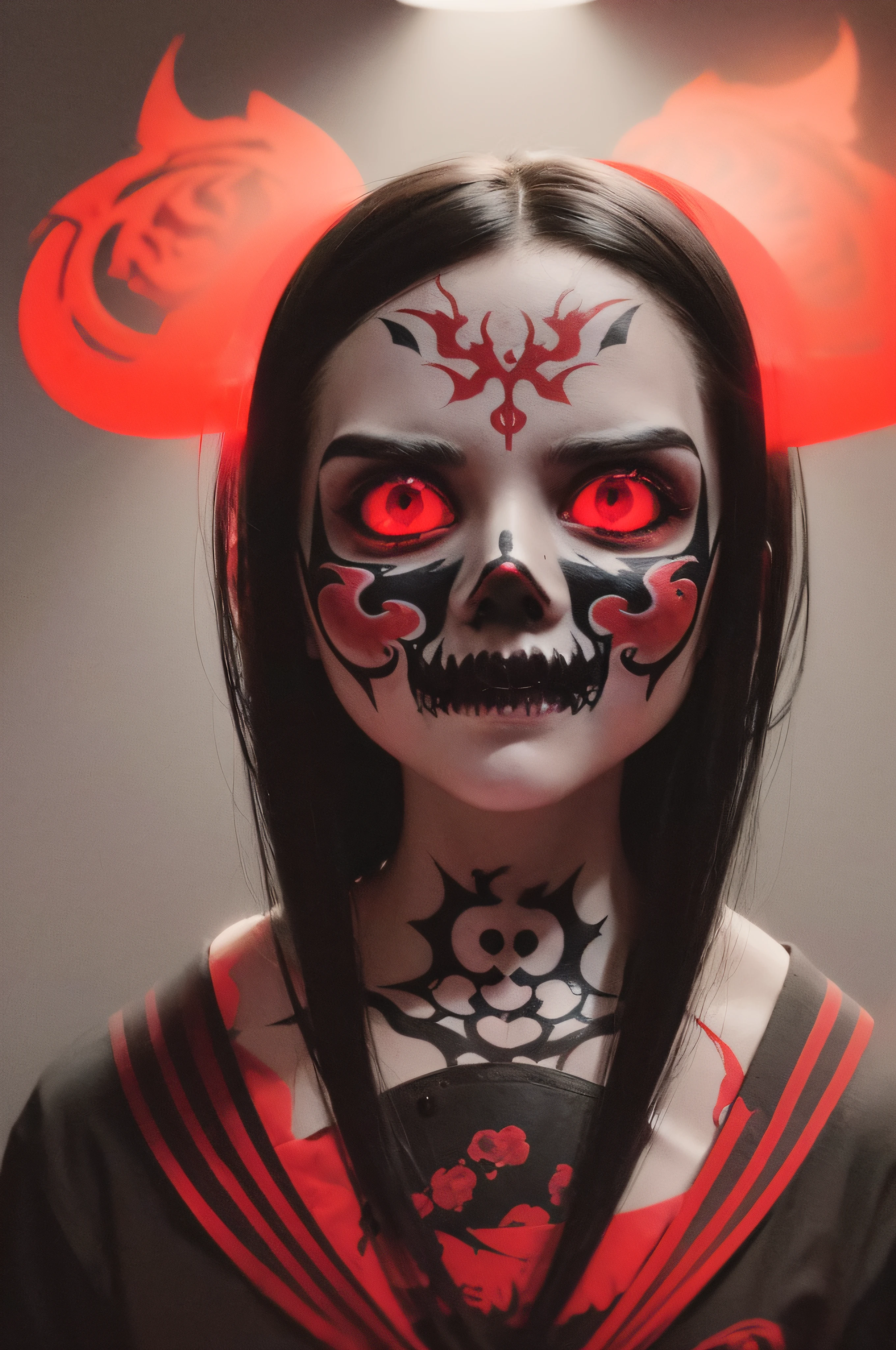 "(The best lighting, oscuro, dramatic),(feto calavera geisha escupiendo tinta roja, Cicatrices, sexy, cerebro, sangre, una rata dentro de la cabeza, terror.),(ojos rojos, calaveras). volumetric light.
