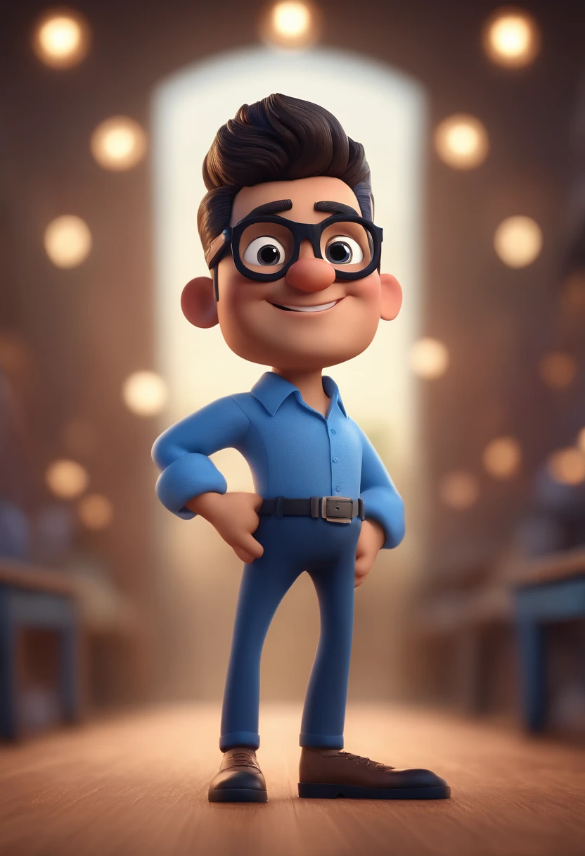 Cartoon character of a man with black glasses and a blue shirt, animation character, Caractere estilizado, animation style rendering, 3D estilizado, Arnold Maya render, 3 d render stylized, toon render keyshot, Personagem 3D, Personagem 3D, 3d rendering stylized, 3 d character render, personagem de desenho animado, Personagem de close up, Pose de personagem, (Estilo Pixar) (master part:1.2) (Bokeh) (best quality) (pele detalhada) (textura detalhada) (8k) (argila) (Cinematic lighting) (foco nítido