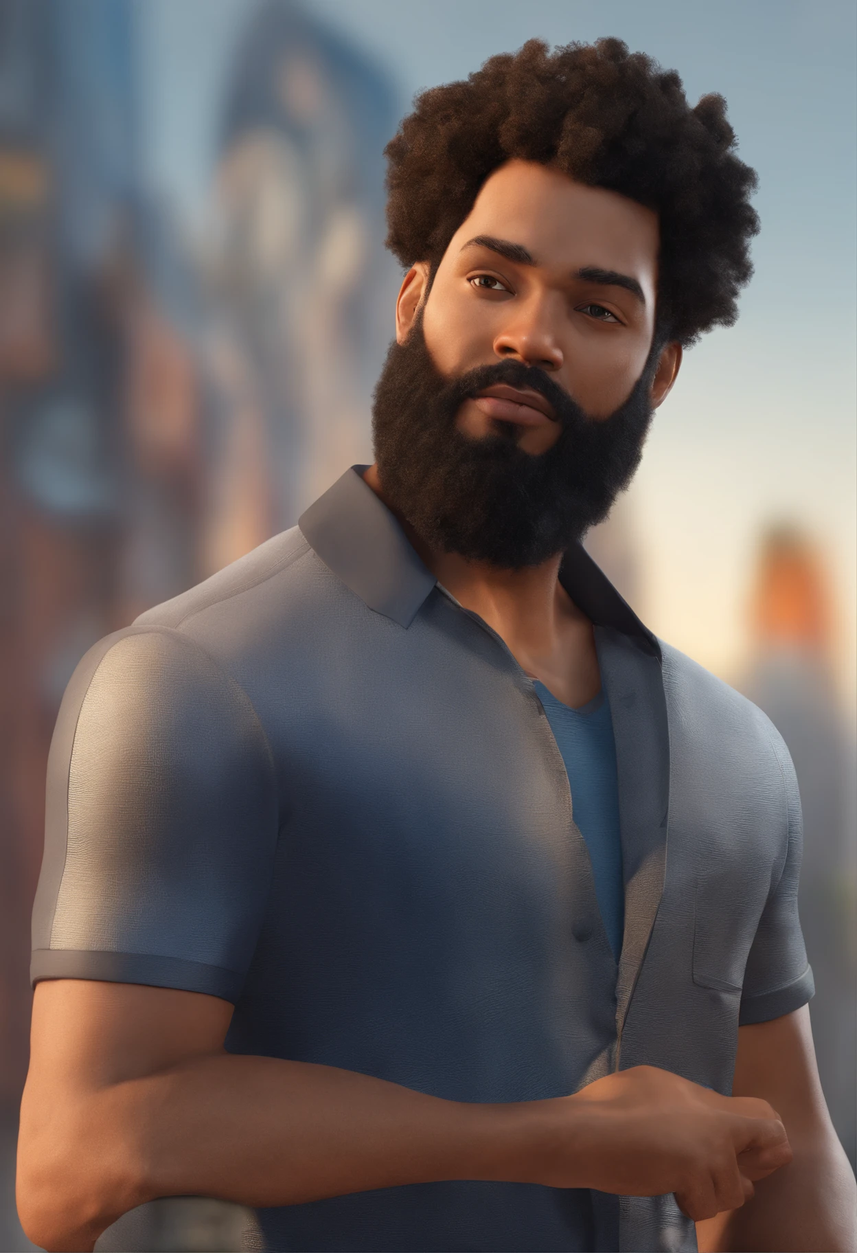 Illustration of a mulatto man with beard and very short black hair, mais ou menos um metro e noventa de altura. Parecido com ator laurence fishburne.