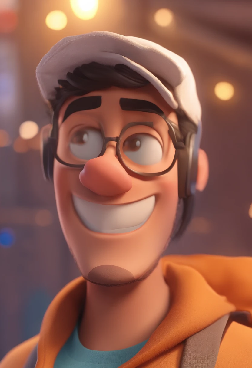 Estilo Pixar: Brown Eyes Man combone on head 27 years old with short dark brown beard