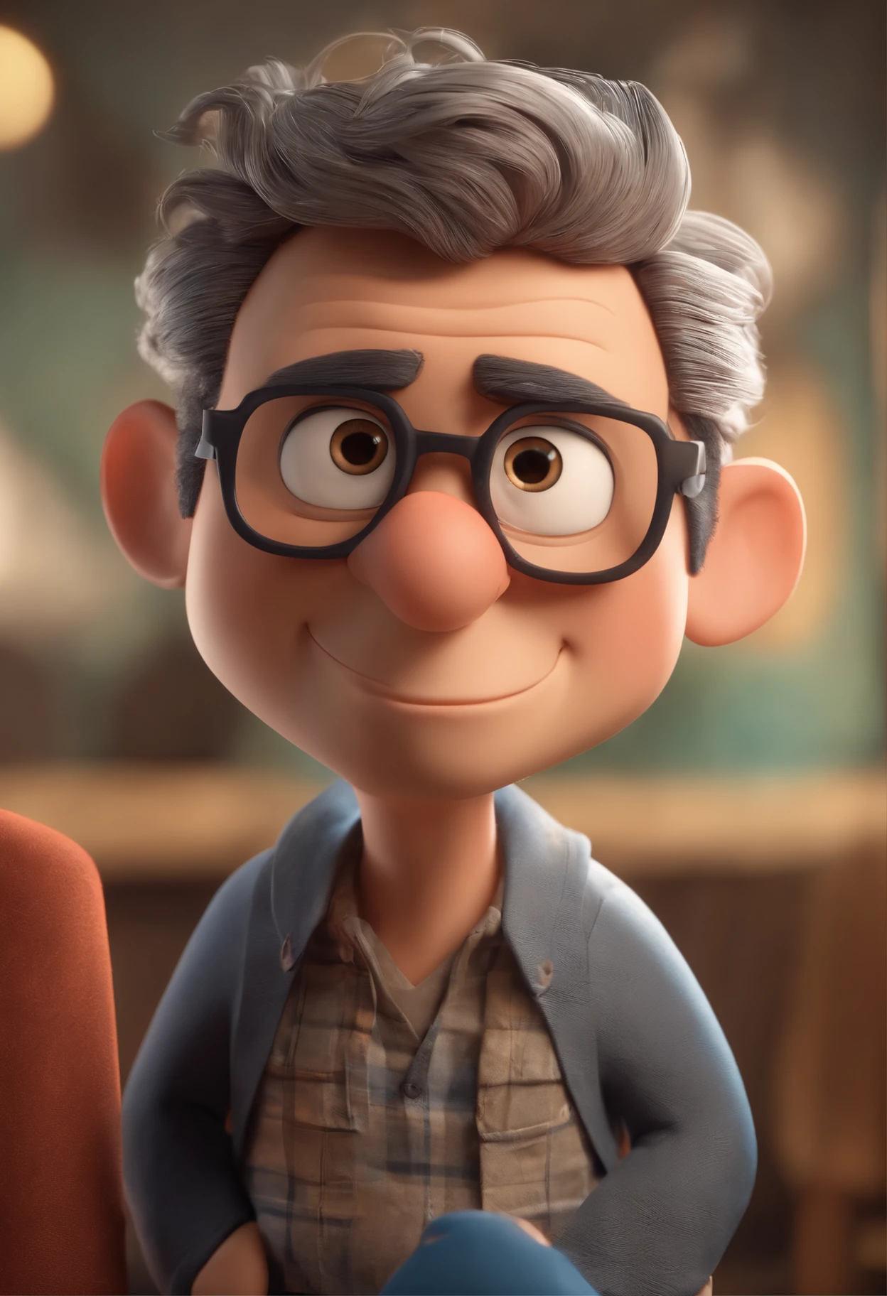 Cartoon character of a man with black glasses, cabelo cacheado marrom escuro e uma camisa azul, animation character, Caractere estilizado, animation style rendering, 3D estilizado, Arnold Maya render, 3 d render stylized, toon render keyshot, Personagem 3D, Personagem 3D, 3d rendering stylized, 3 d character render, personagem de desenho animado, Personagem de close up, Pose de personagem, (Estilo Pixar) (master part:1.2) (Bokeh) (best quality) (pele detalhada) (textura detalhada) (8k) (argila) (Cinematic lighting) (foco nítido