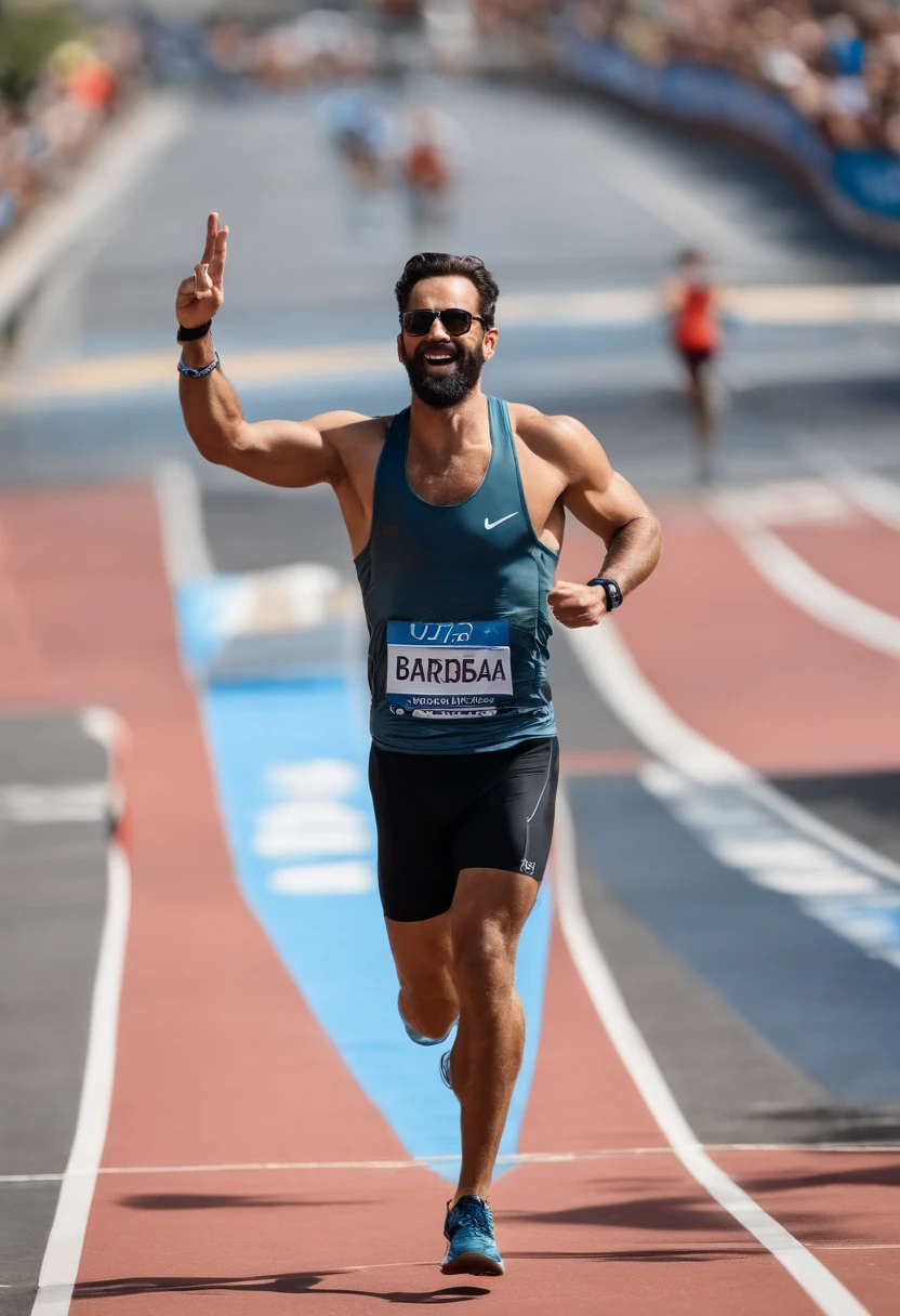 Generate an image of a man in his 30s achieving a personal goal, How to cross the finish line of a marathon with open arms, Este homem tem pele clara, cabelo liso e castanho, usa um topete e tem uma barba preenchida, mas curta(tipo barbaa fazer), He wears a pair of glasses with rounded frames, The image should be like a poster for a Pixar movie. Take into account the photo uploaded to the website.