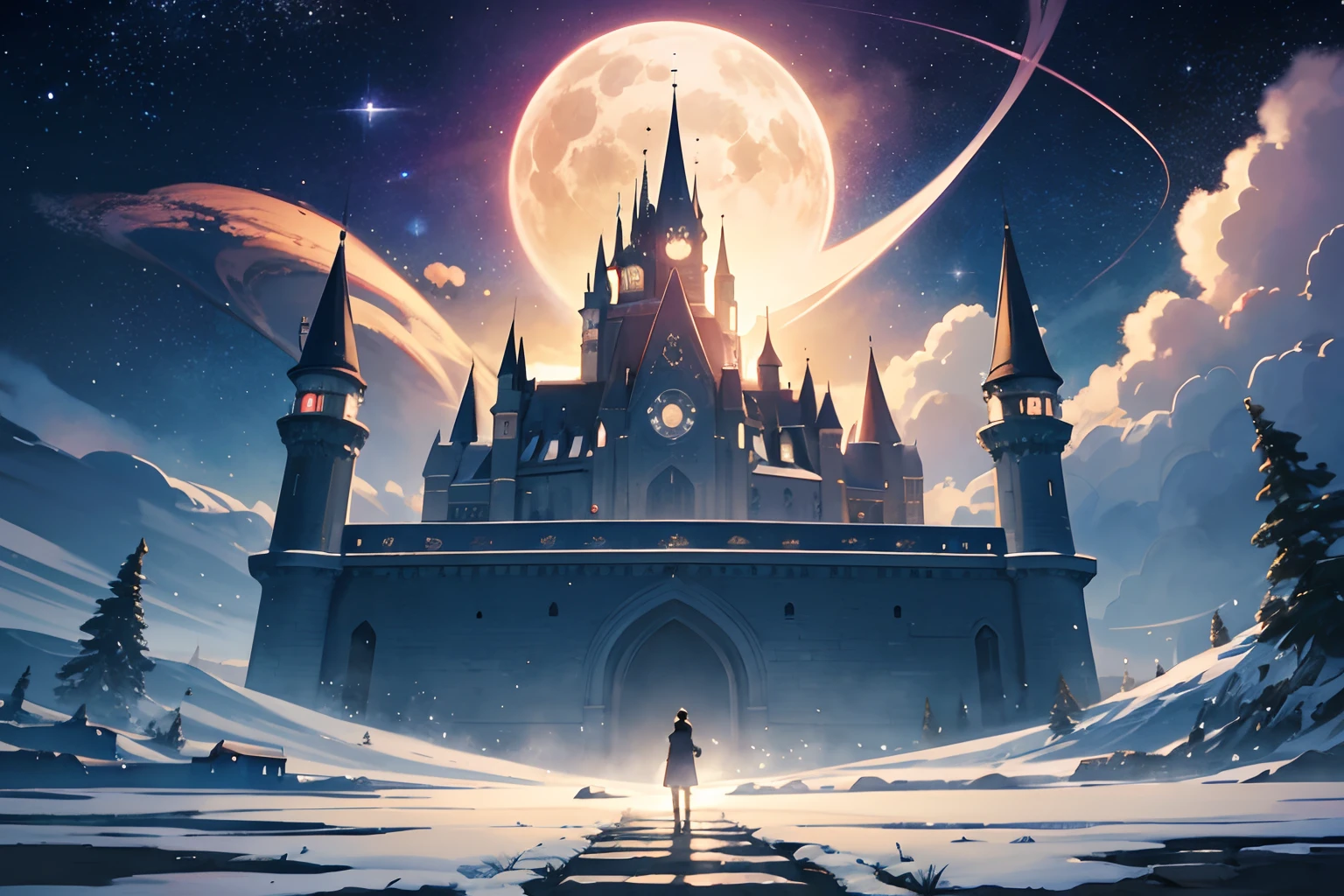 Create exquisite illustrations reminiscent of Makoto Shinkai's style, It has ultra-fine details and top-notch quality. Create an illustration of a fantastical castle floating in space. The castle is equipped with structures like telescopes and astronomical observatories, Looks like an astronomical facility. The space in the background is filled with stars, Create an enchanting and dreamy atmosphere. This scene is、It captures the wonder and curiosity that comes with exploring space, The mystical charm of the castle meets the vastness of space.