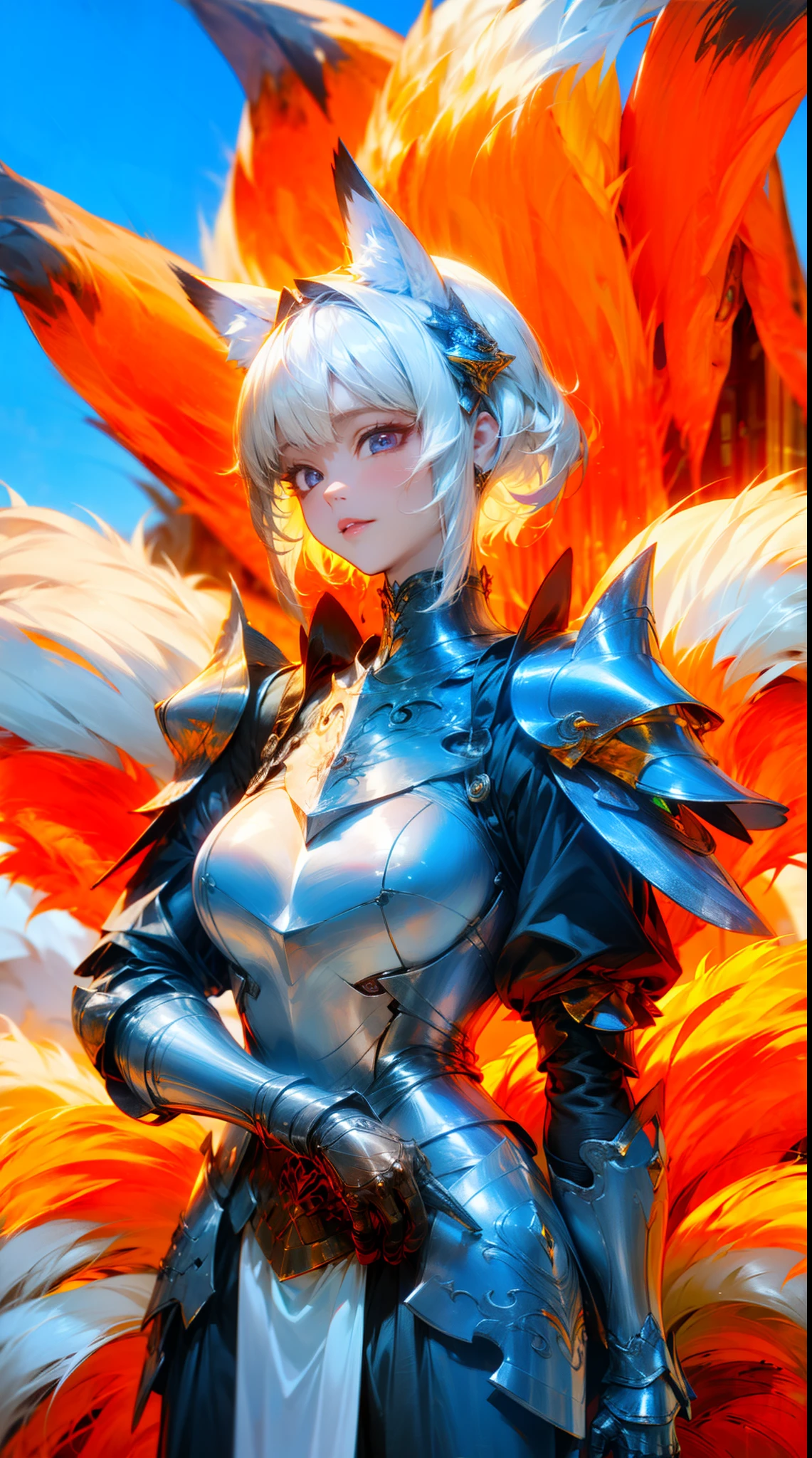 A nine-tailed mystical fox wearing a suit of armor, standing on a green hill, with a clear sky in the background, Extremely cute fox race face, 1girl, insanley detailed face and eyes, Perfect lips, very beautiful and feminine, big breast, white hair, asymmetrical bangs, short hair, a purple eye, radiant eyes, fluffy tail, fluffy fox ears no ears human, a female medieval knight, wearing a black and Victoria dress armor, full silver, Complex detailed gauntlets armor, Details of complex, globalillumination, Shadow, character edge light, dramatic, cinematic lighting, fine expression, fine detail, masterpiece, a digital painting art by Yusuke Murata.