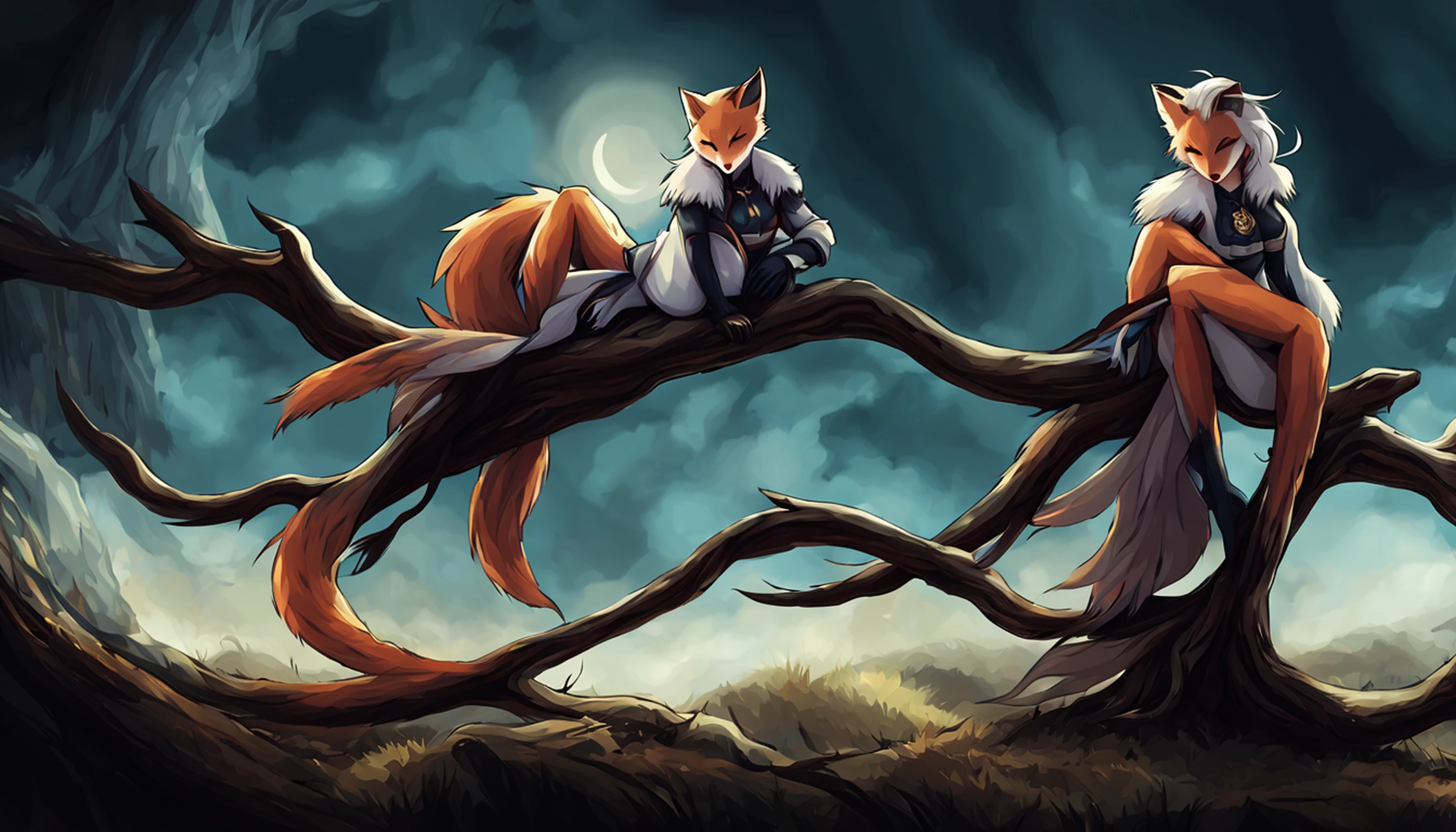 Drawing of a fox with white hair sitting on a branch, ethereal fox, nine-tailed fox, fox three-tailed fox, onmyoji detailed art, nine-tailed, beautiful artwork illustration, mythological creature, fox, beautiful Digital artwork, exquisite digital illustrations, mizutsune, inspired by mythical creatures Wildnet, digital art on pixiv, strong light, high contrast, horror movie theme, dark atmosphere