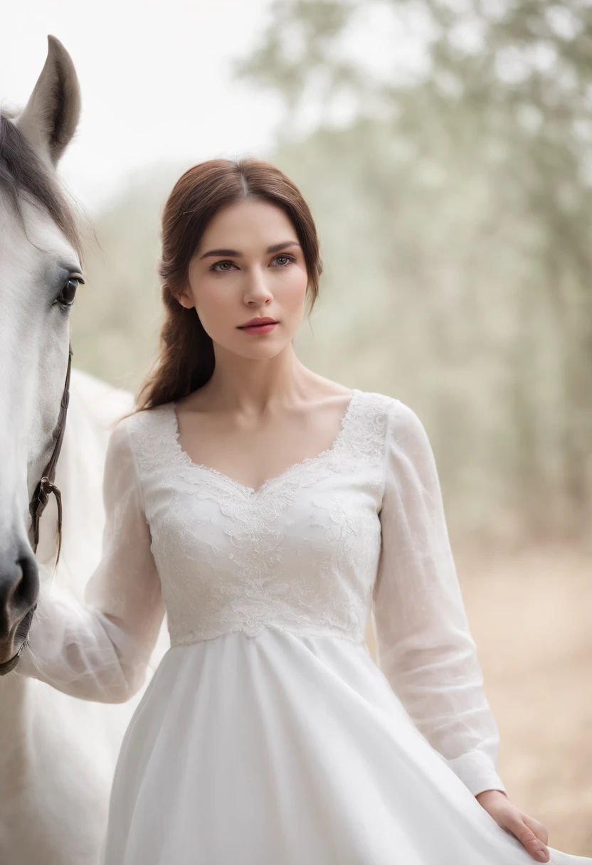 women who is wearing white color frock with white color horse they are in white background