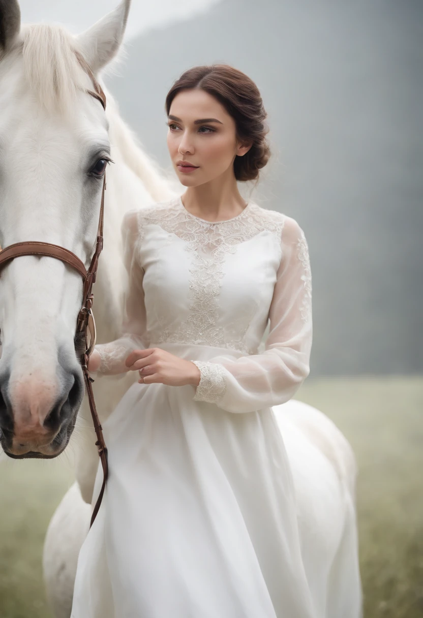 women who is wearing white color frock with white color horse they are in white background